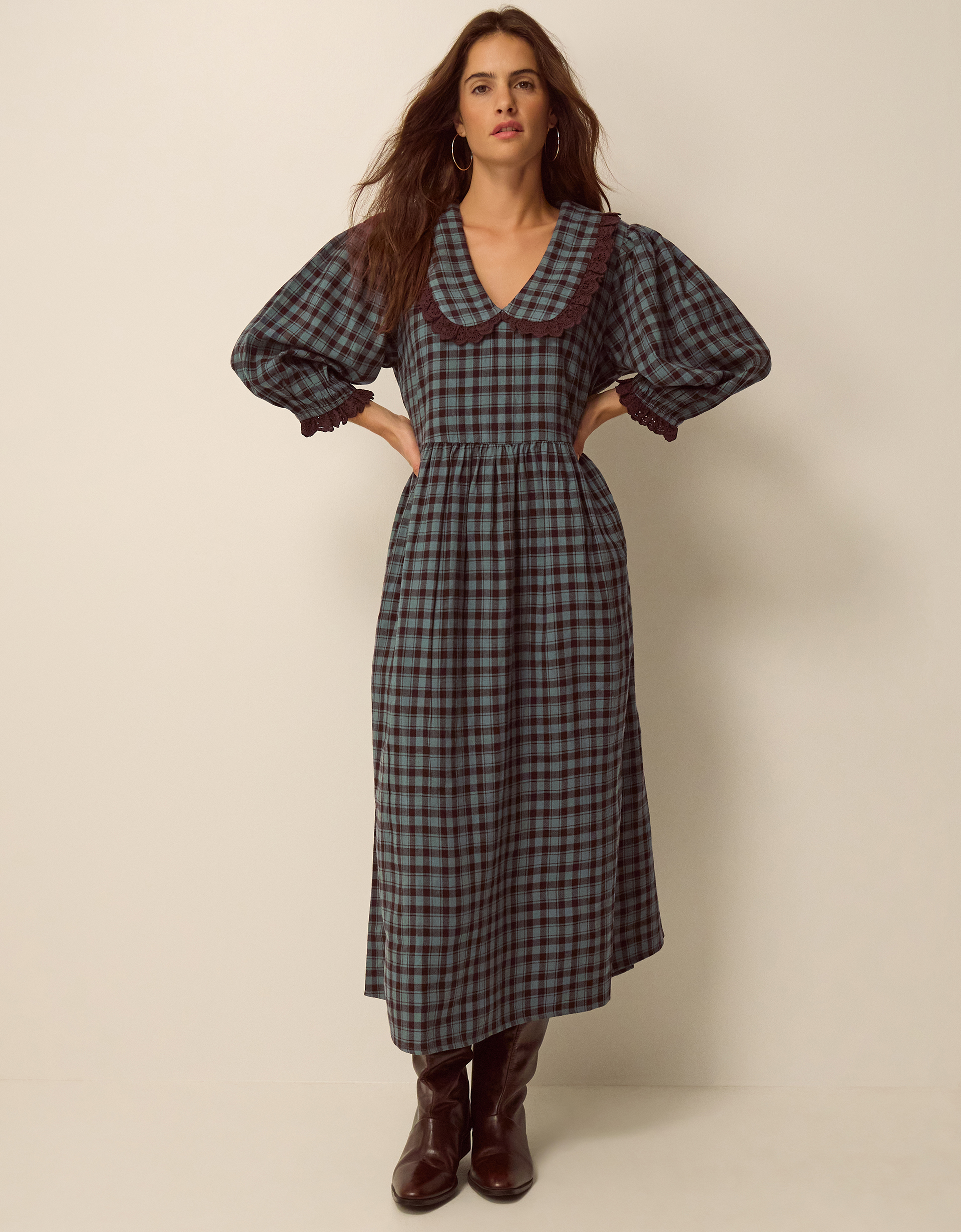 Monsoon Ruby Collar Check Print Midi Dress