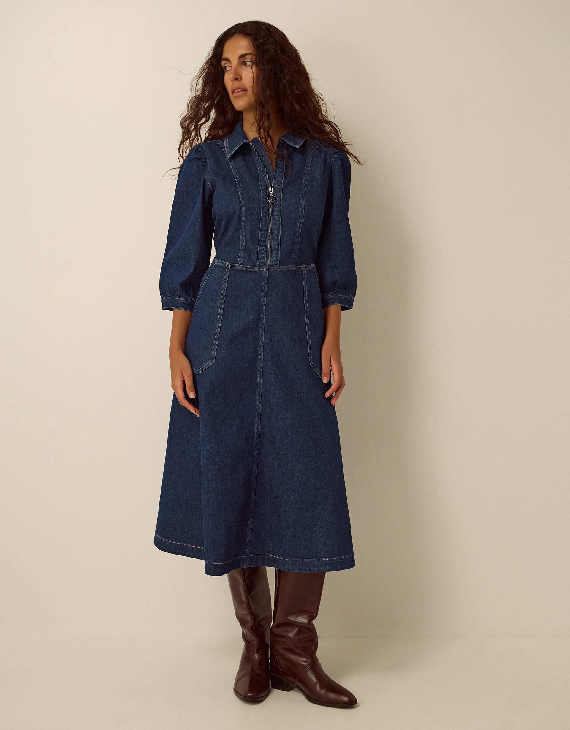 Erin Zip Denim Midi Dress Blue