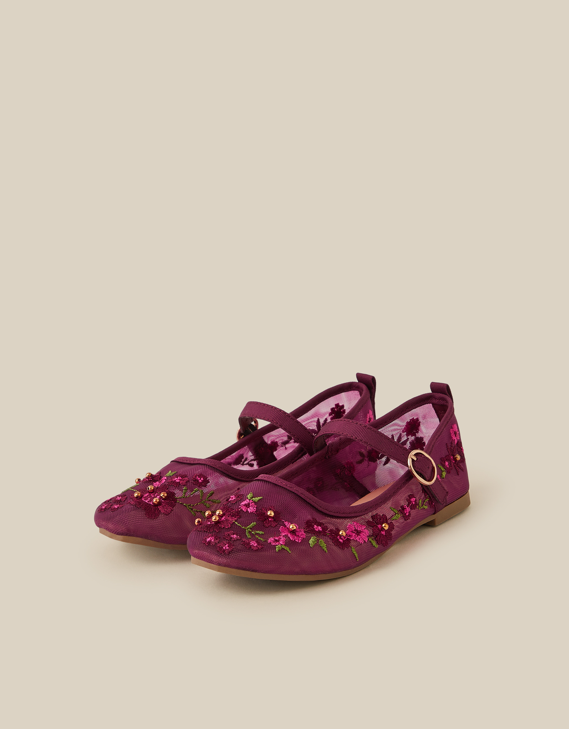 Monsoon Floral Embroidered Mesh Mary Jane Ballet Flats