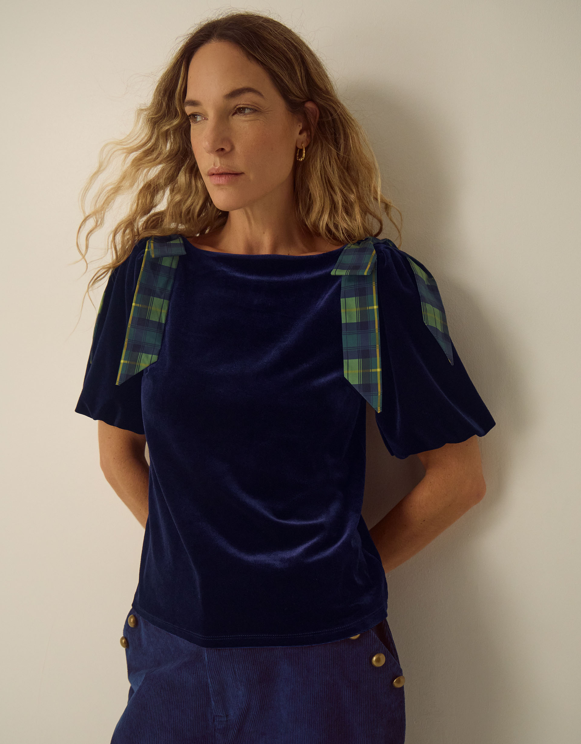Monsoon Vittoria Short Sleeve Tartan Bow Velvet Top in blue