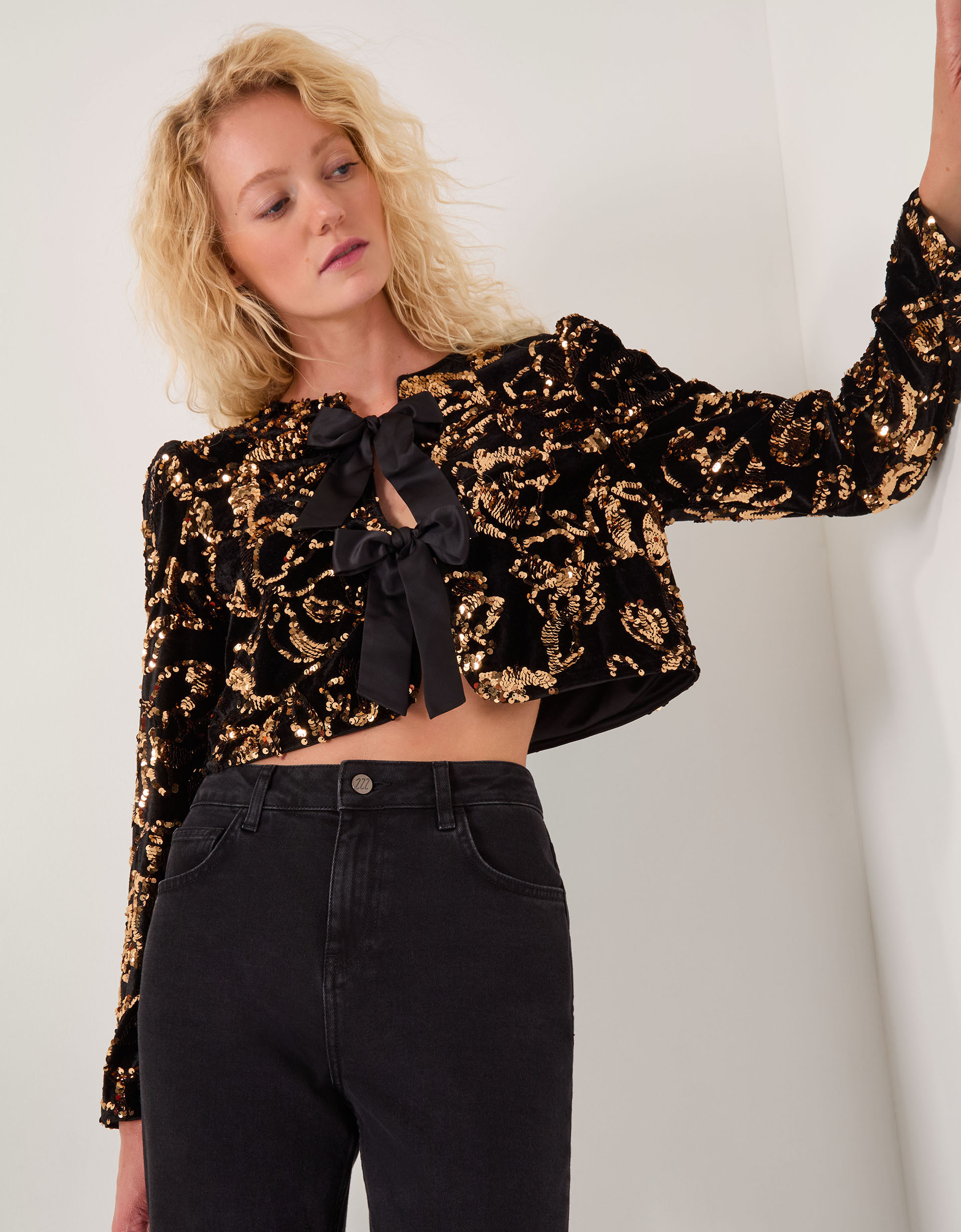 Monsoon Shola Sequin Bow Jacket in black