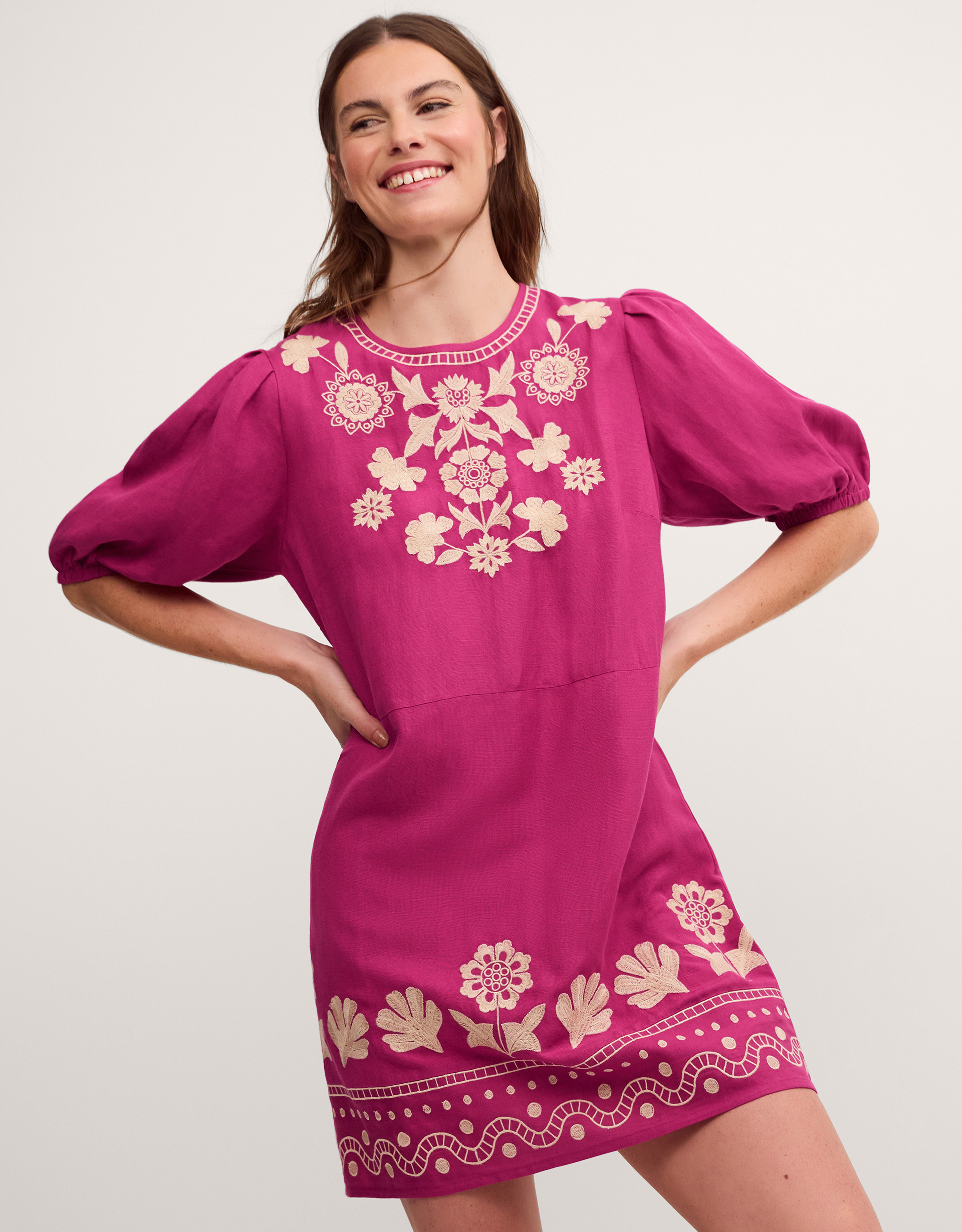 Monsoon Lydia Embroidered Linen Blend Mini Dress in pink