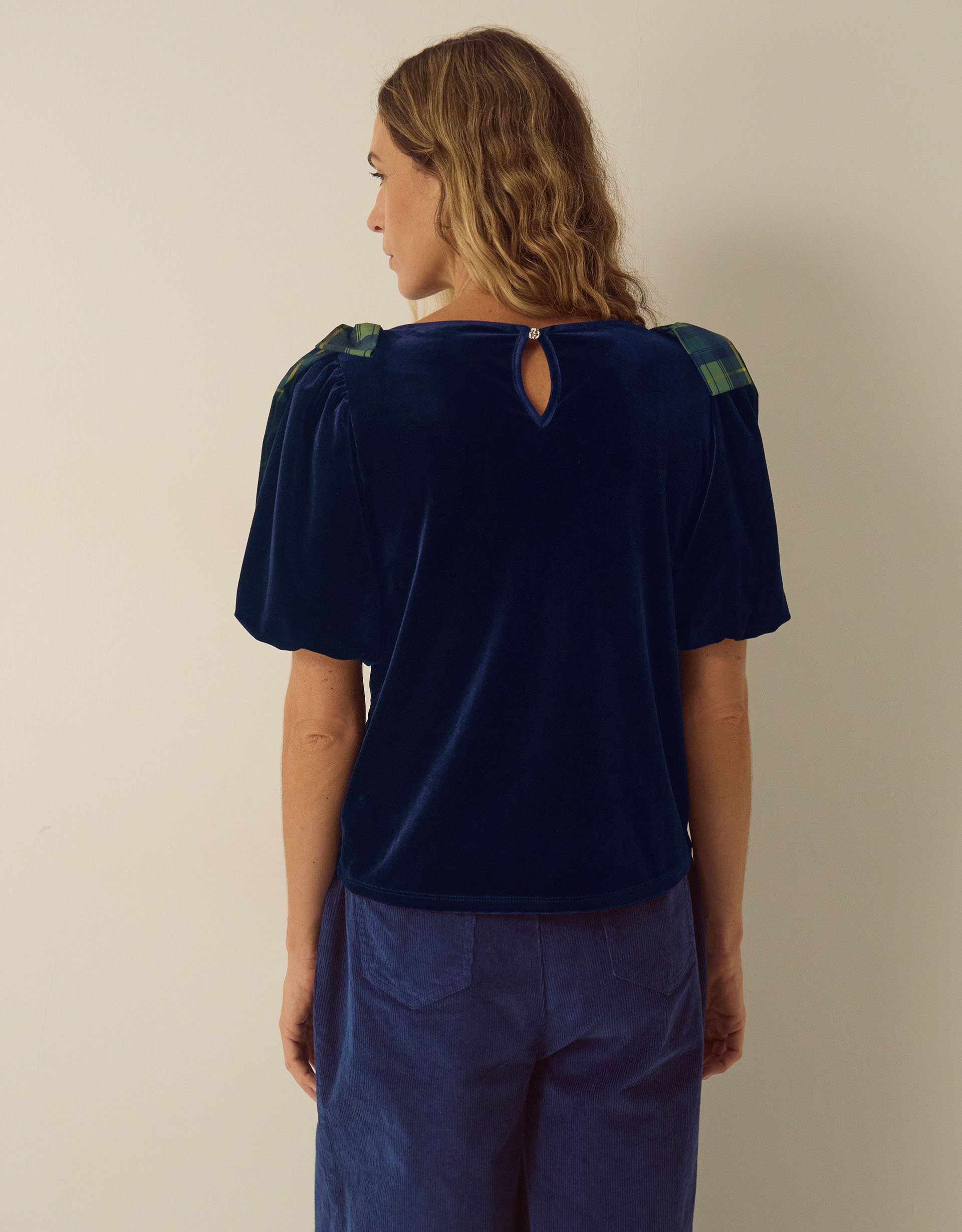 Monsoon Vittoria Short Sleeve Tartan Bow Velvet Top, view 3