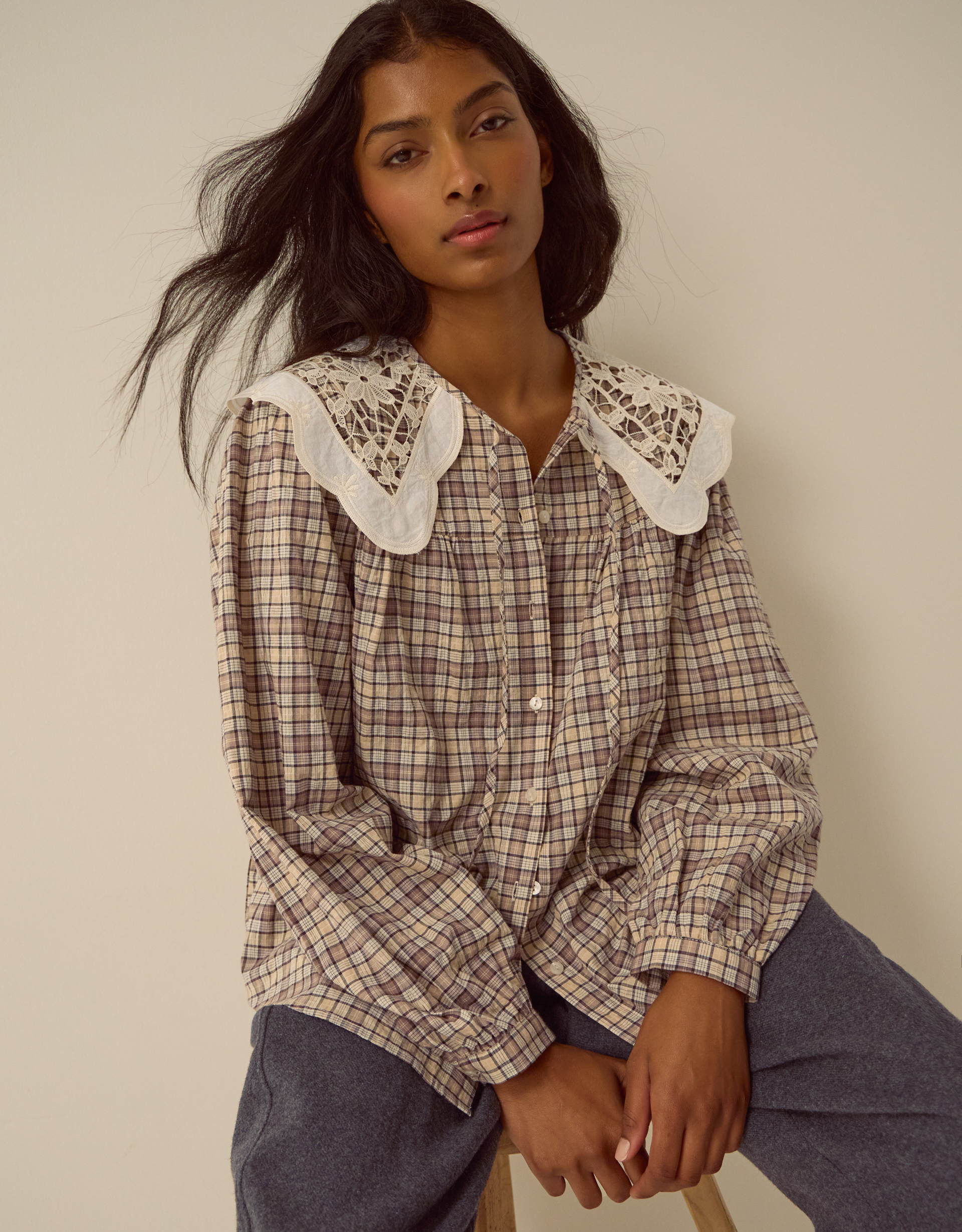 Monsoon Thea Lace Collar Check Shirt, view 4
