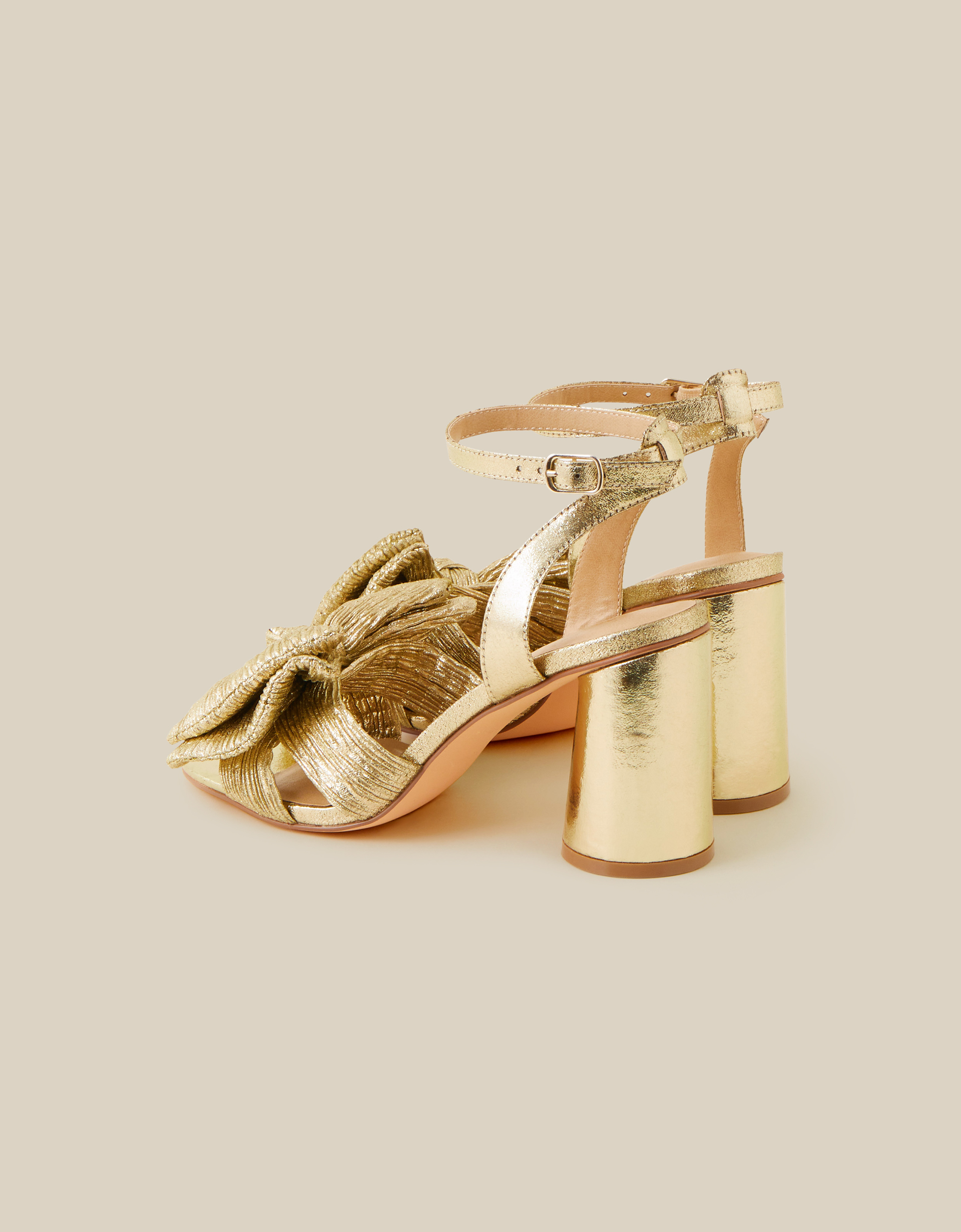 Monsoon Gold Metallic Bow Block Heel Sandals, view 3