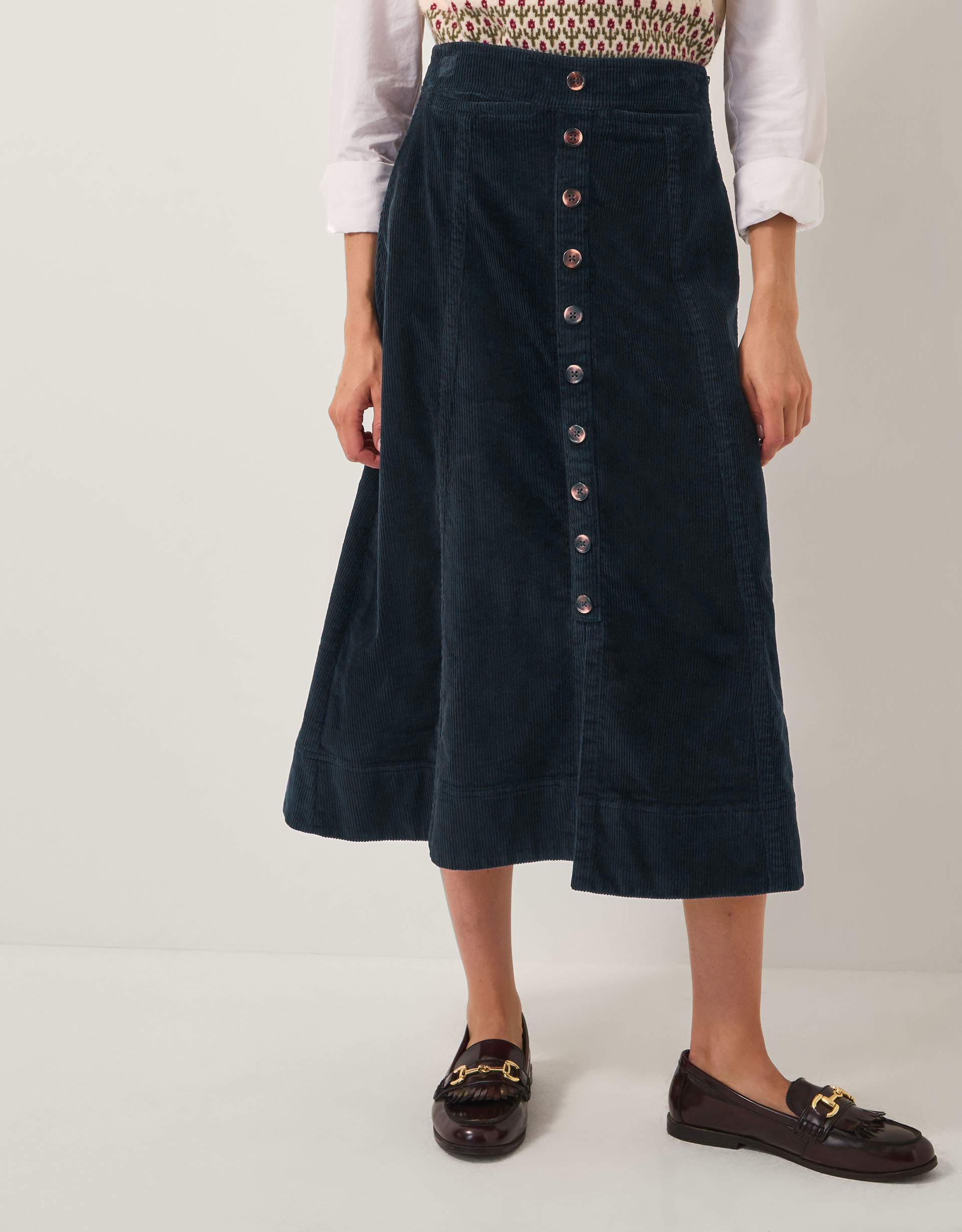 Monsoon Jamie Button Corduroy Midi Skirt, view 4
