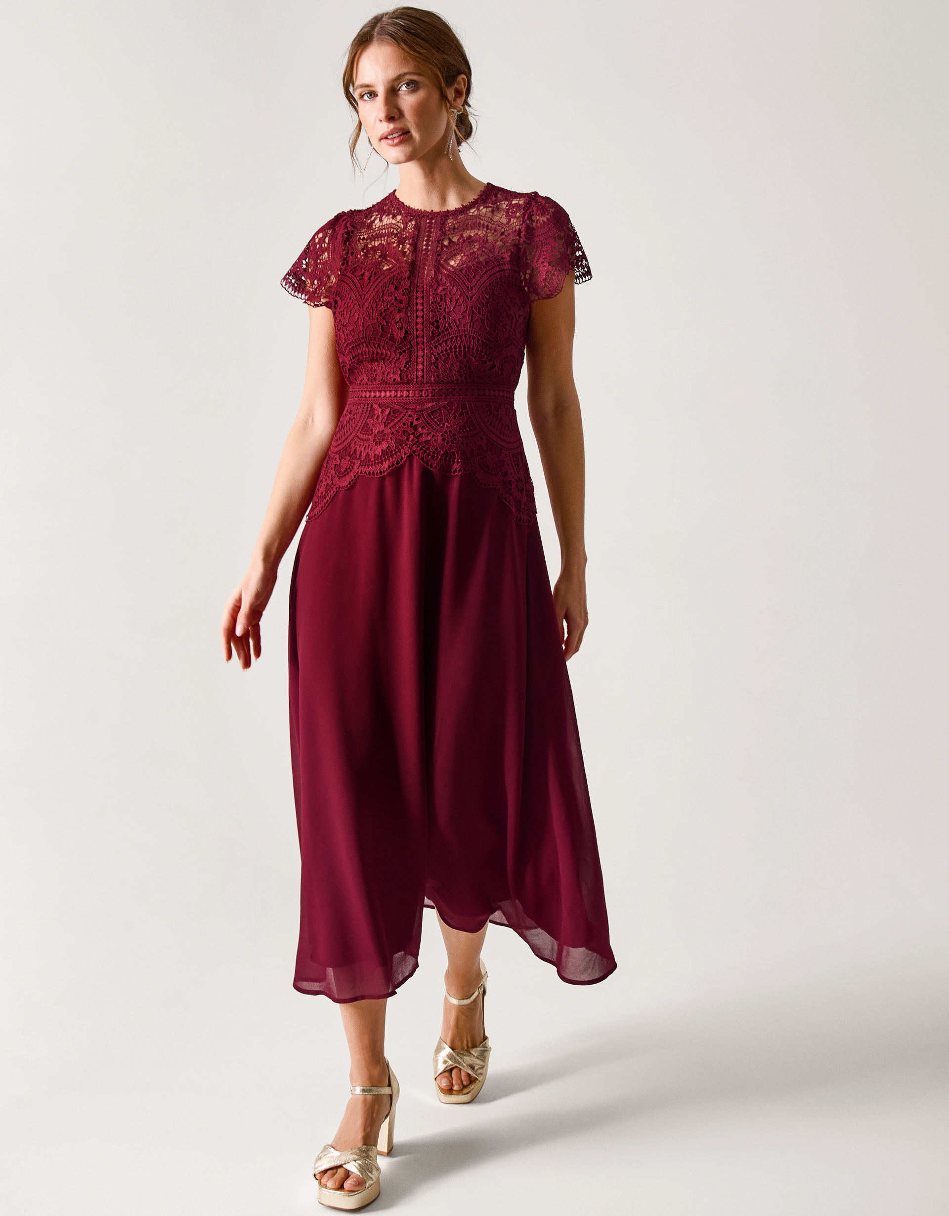 Monsoon Burgundy Floral Lace Monica Midi Bridesmaid Dress