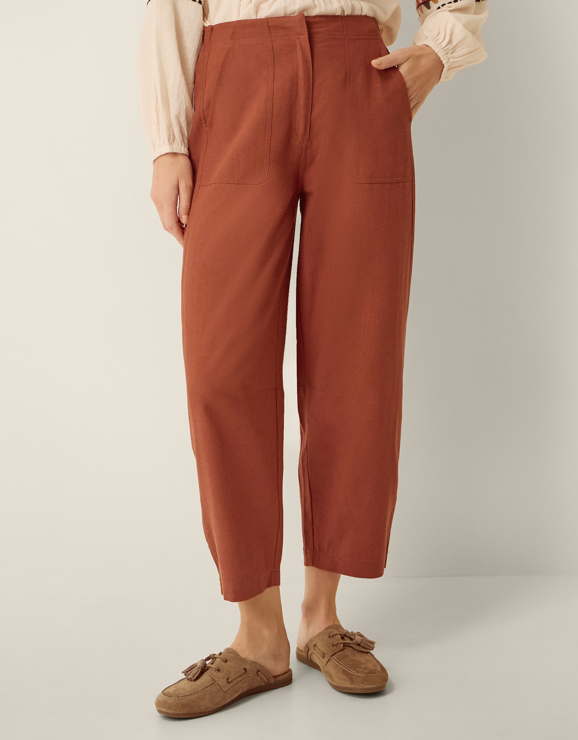 Monsoon Joanie Linen Blend Barrel Trousers in Orange, view 2