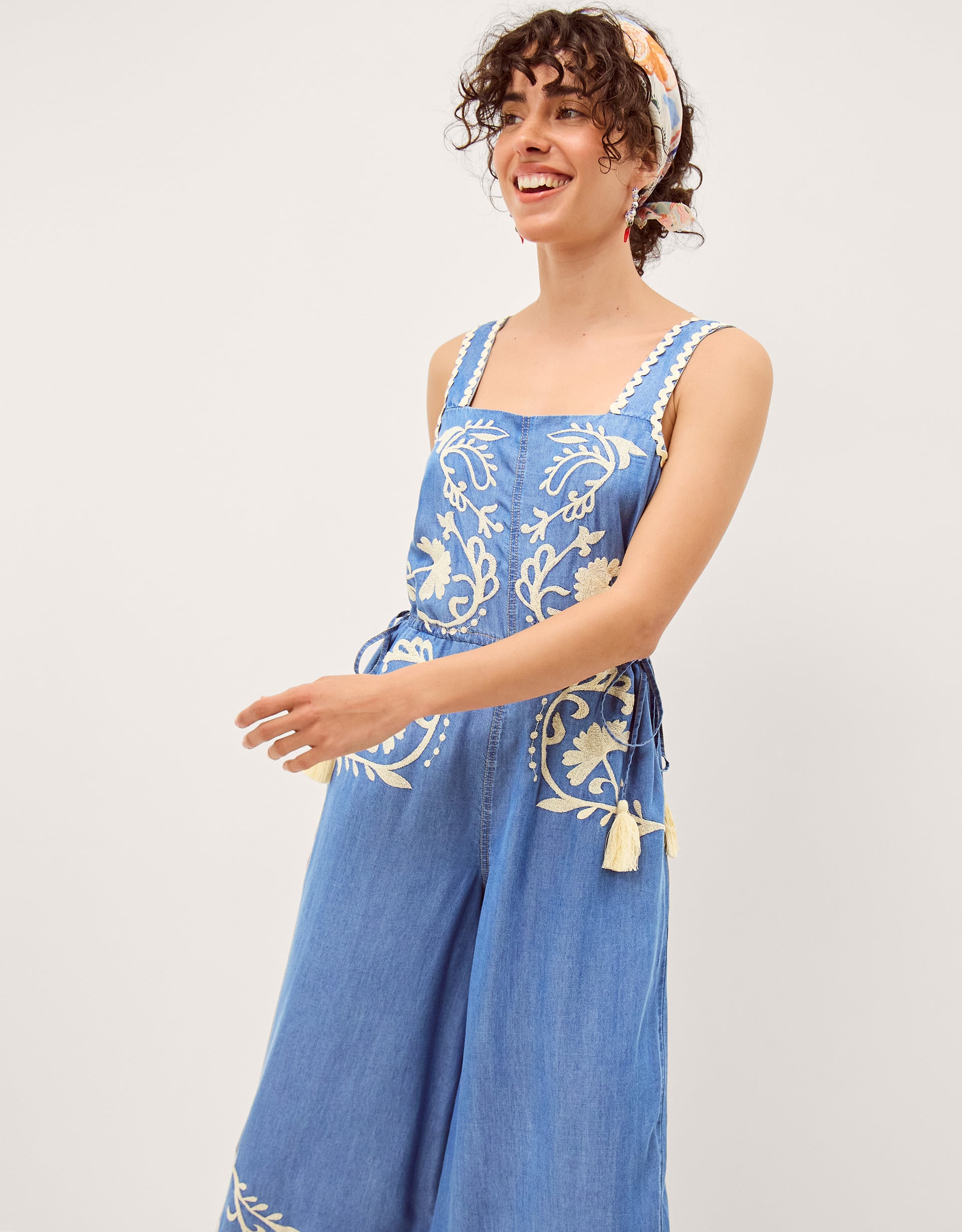 Monsoon Stella Embroidered Denim Culotte Jumpsuit, view 4