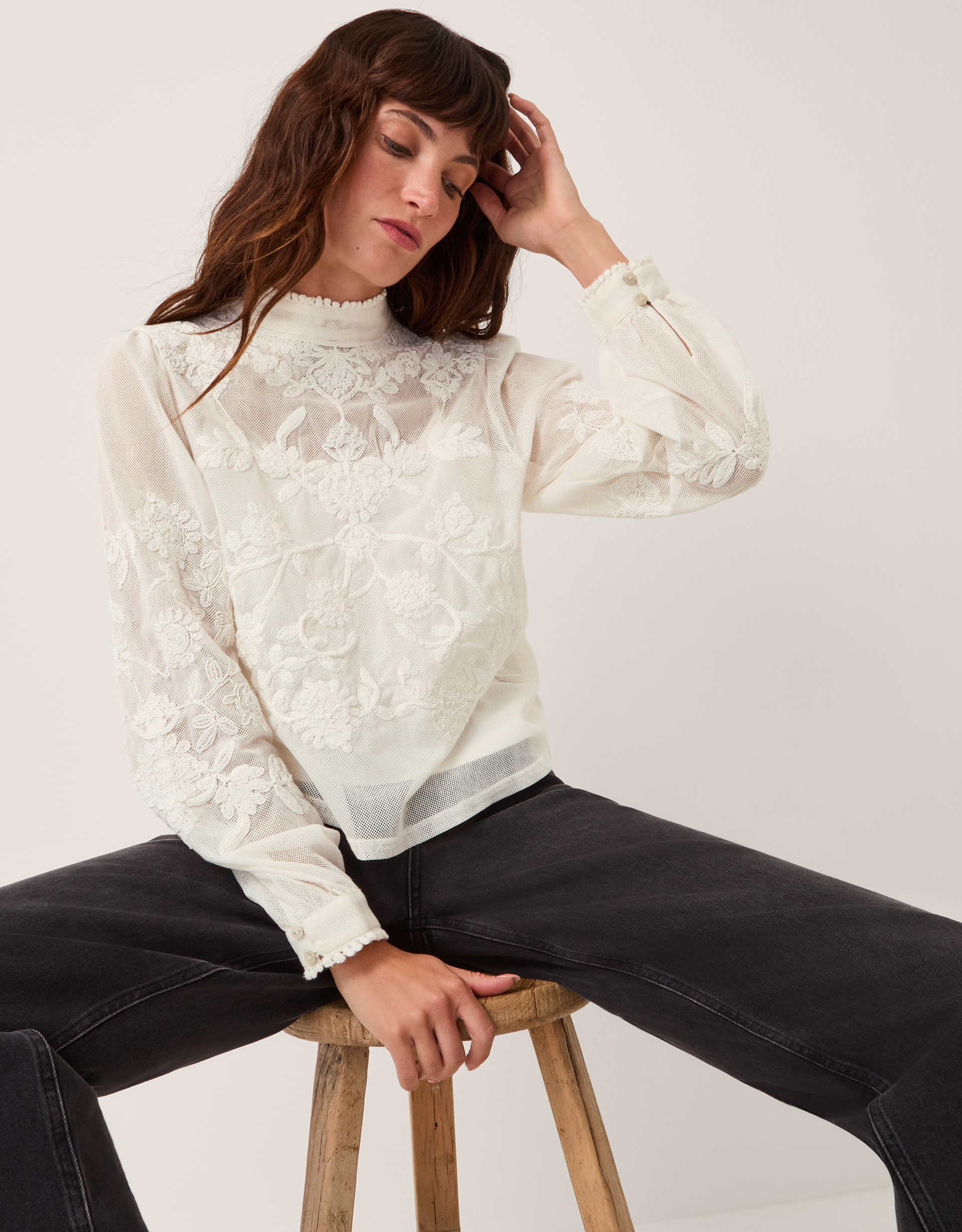Monsoon Leni High Neck Embroidered Mesh Blouse