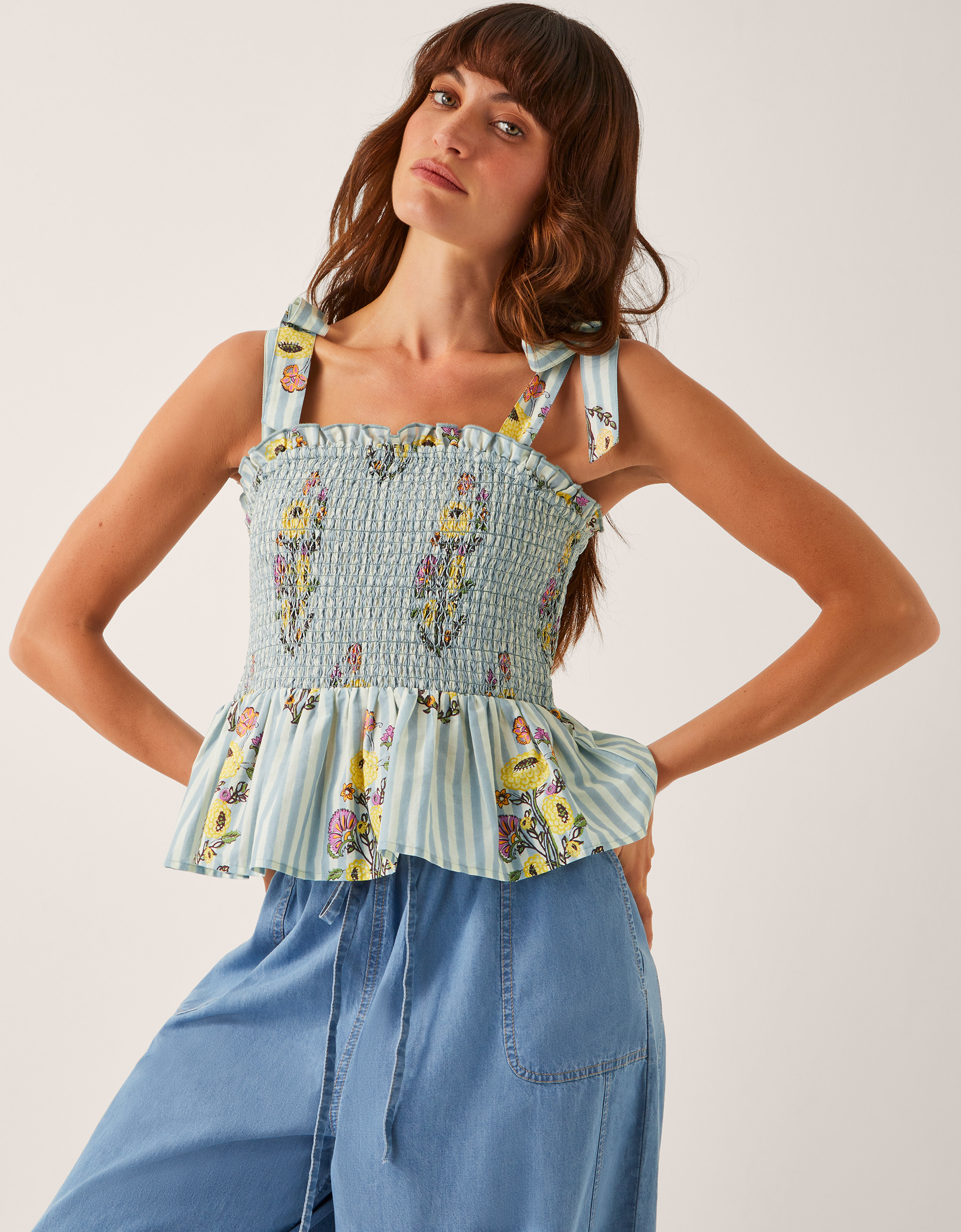 Monsoon Lucille Floral Stripe Smocked Top