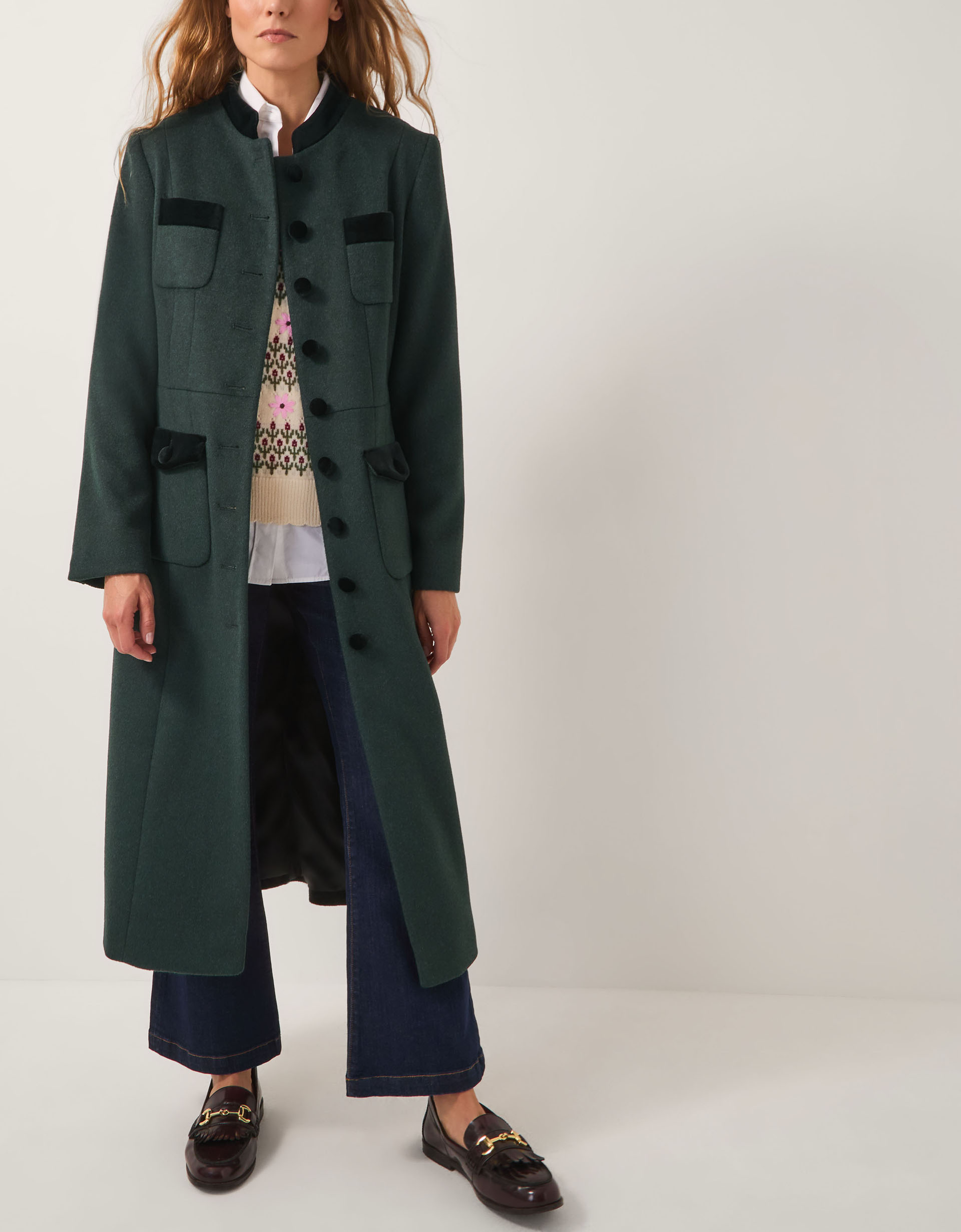 Monsoon Viv Velvet Trim Military Coat in Green