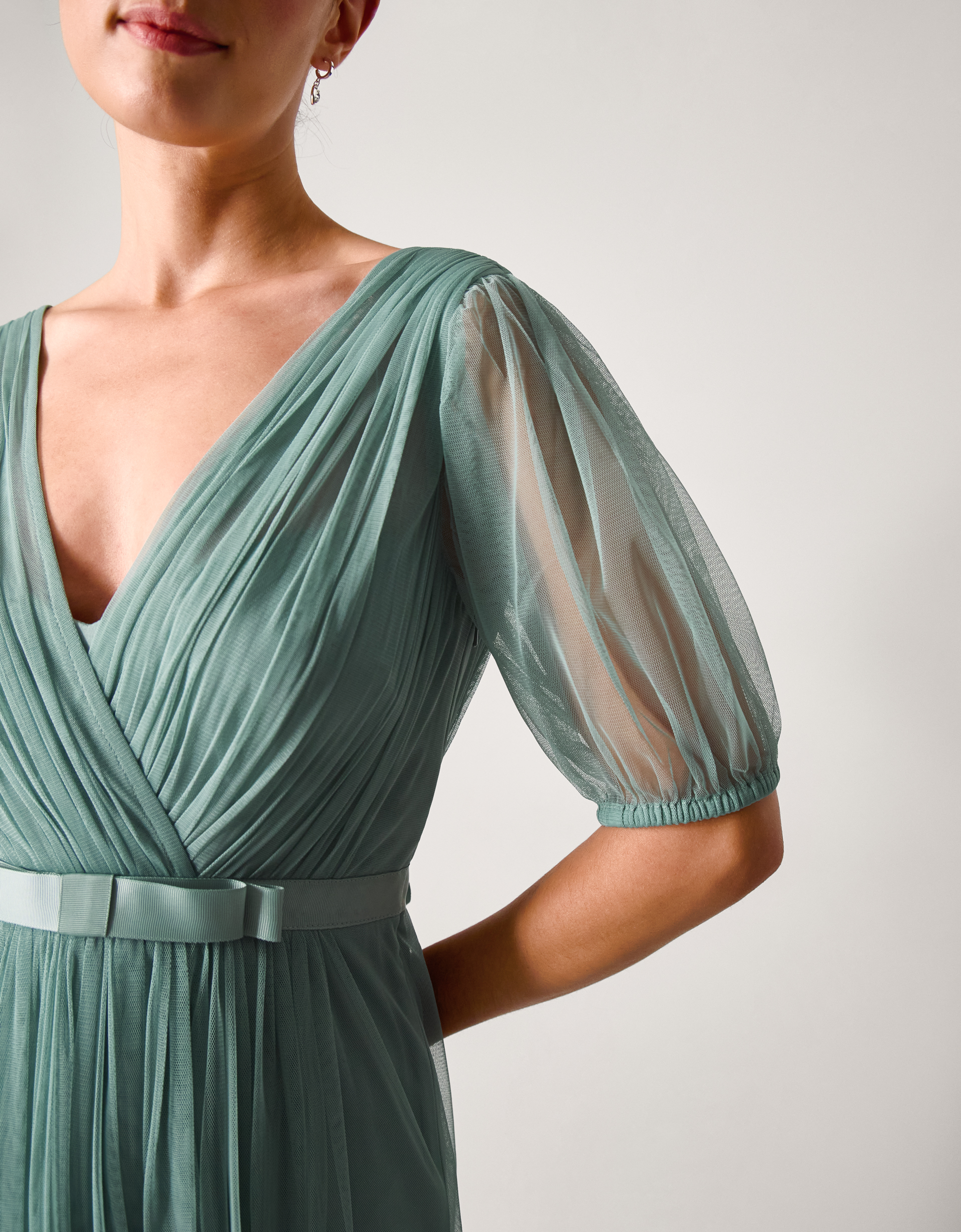 Monsoon Ellie Sheer Sleeve Plunge Tulle Maxi Dress in Green, view 2