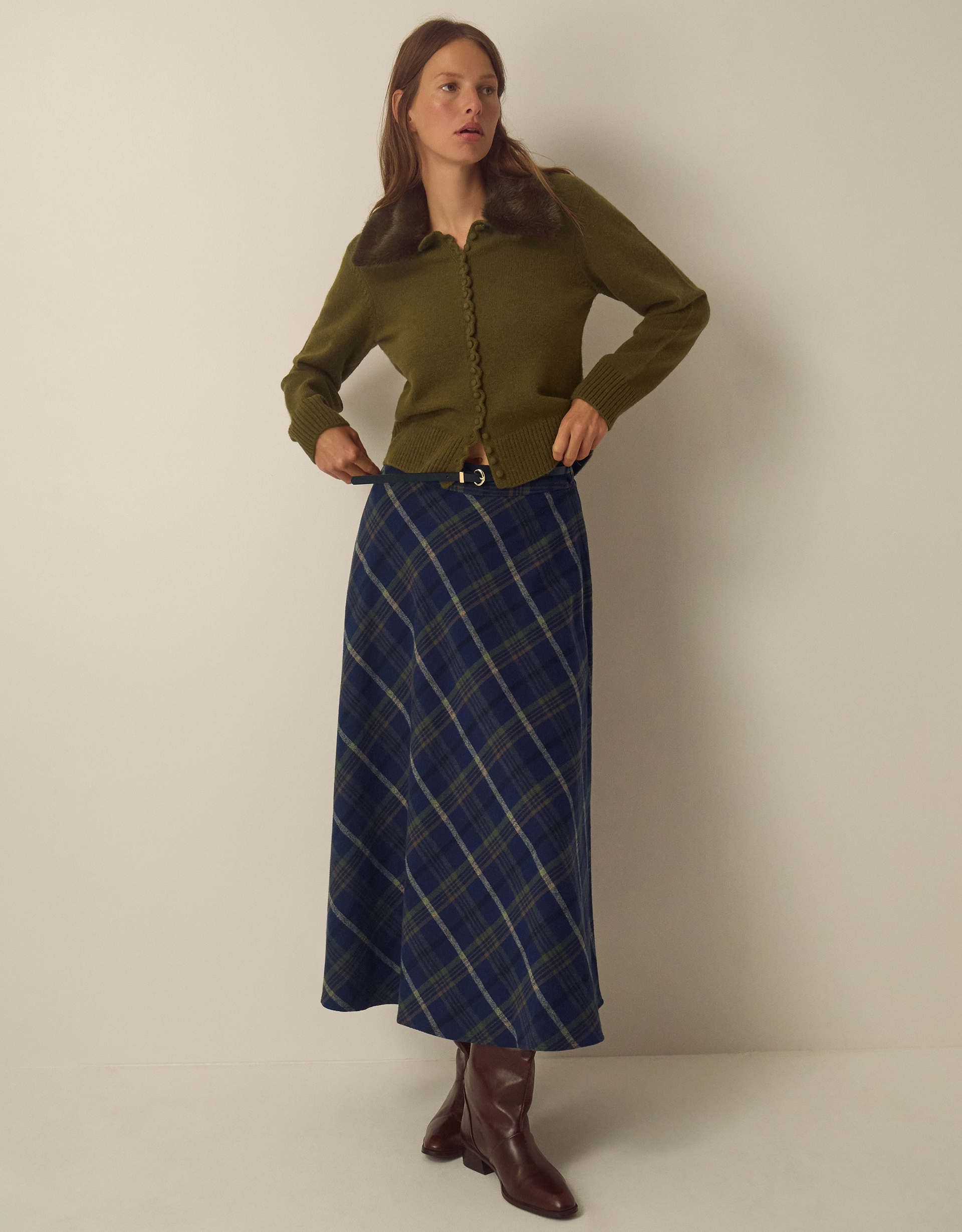 Monsoon Willa Check Print Cotton Midi Skirt