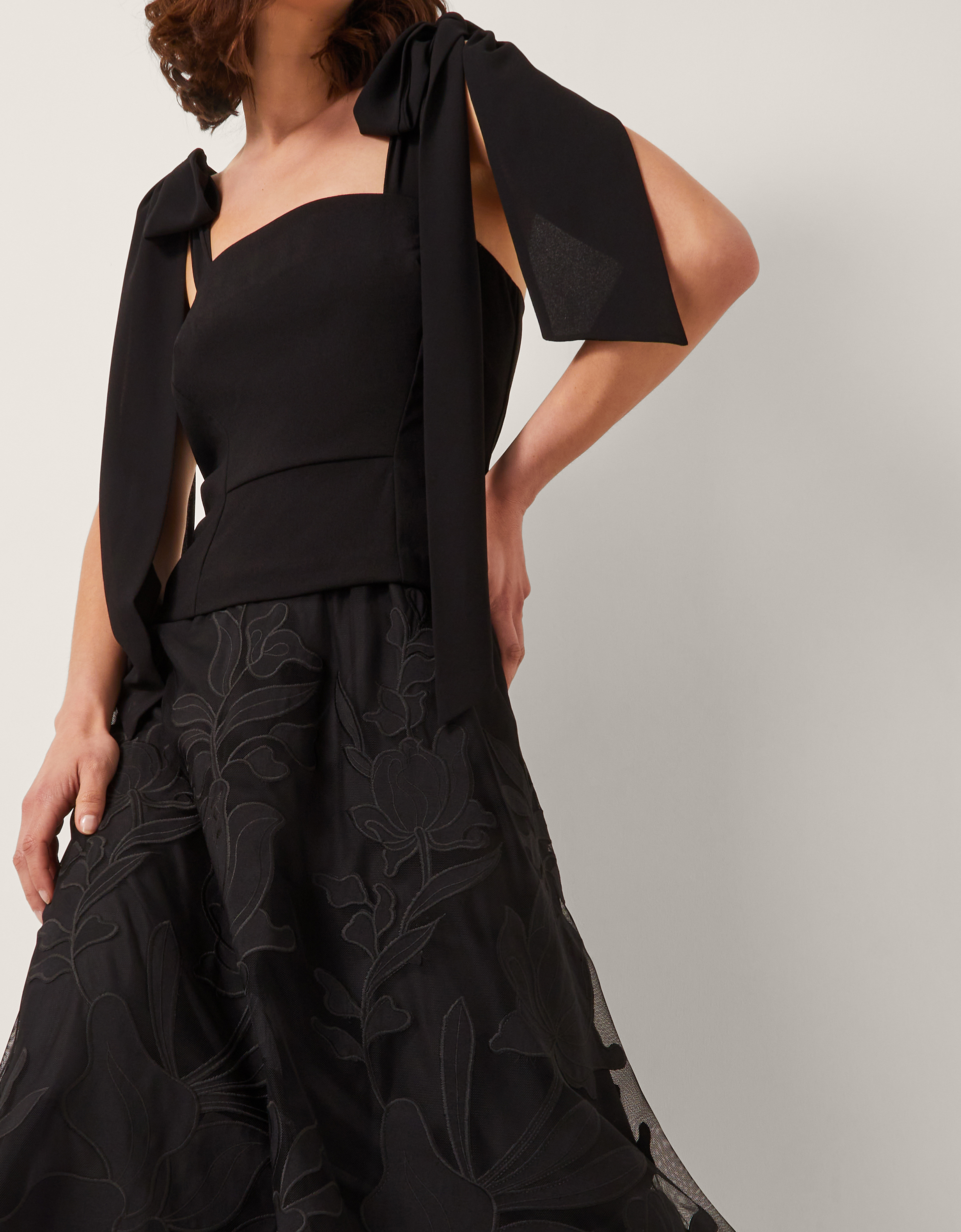 Monsoon Briana Tie Floral Appliqué Midi Dress in black