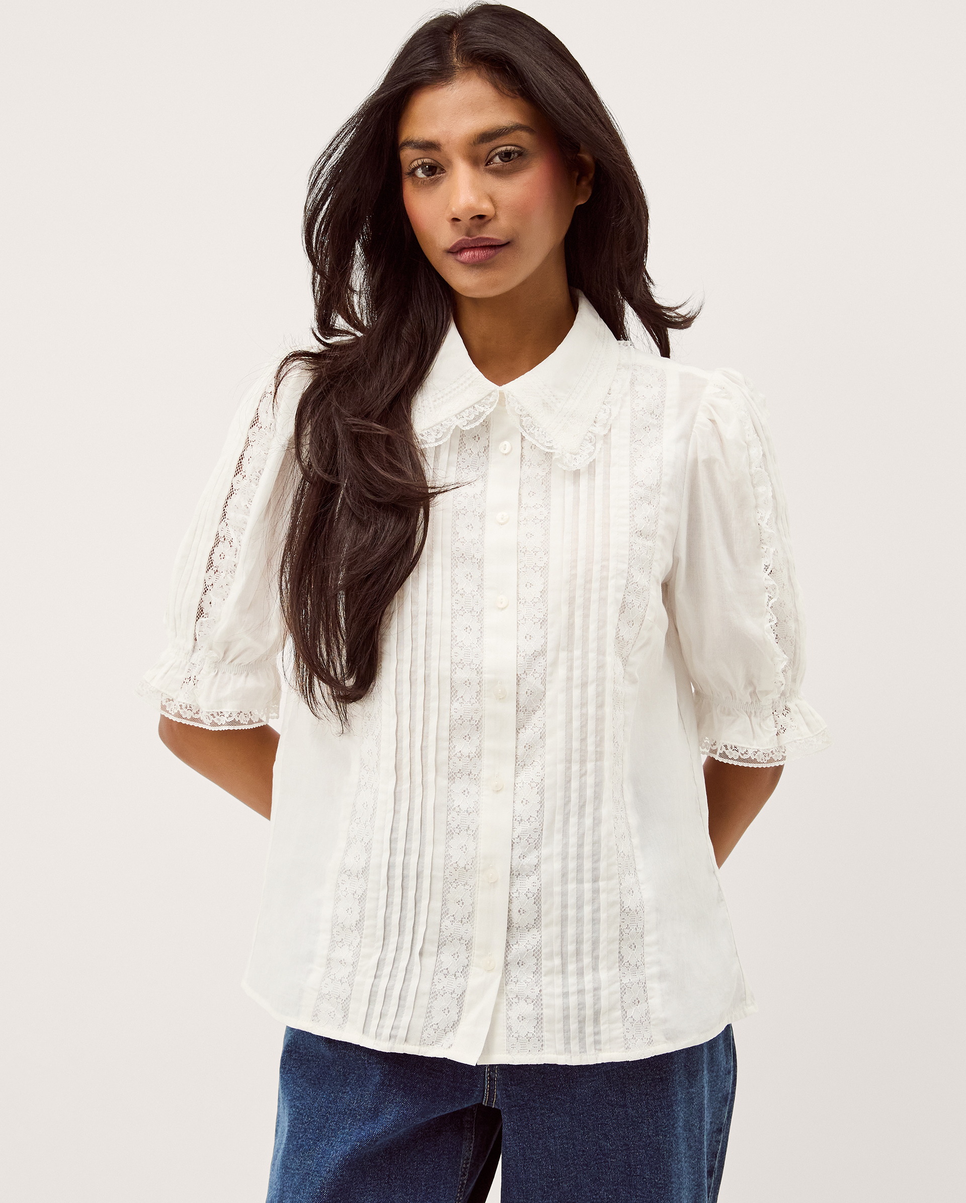 Monsoon Annette Puff Sleeve Lace Shirt, view 3