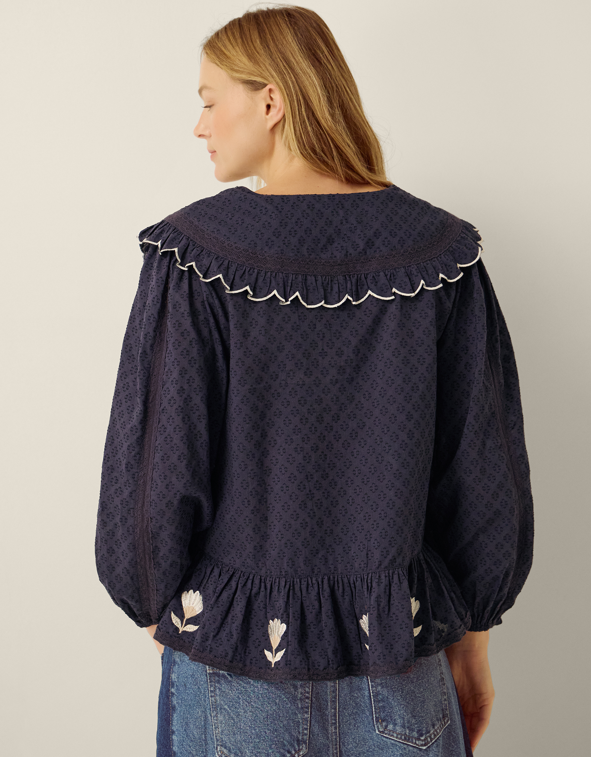 Monsoon Talia Tulip Embroidered Scallop Collar Top Blue, view 5