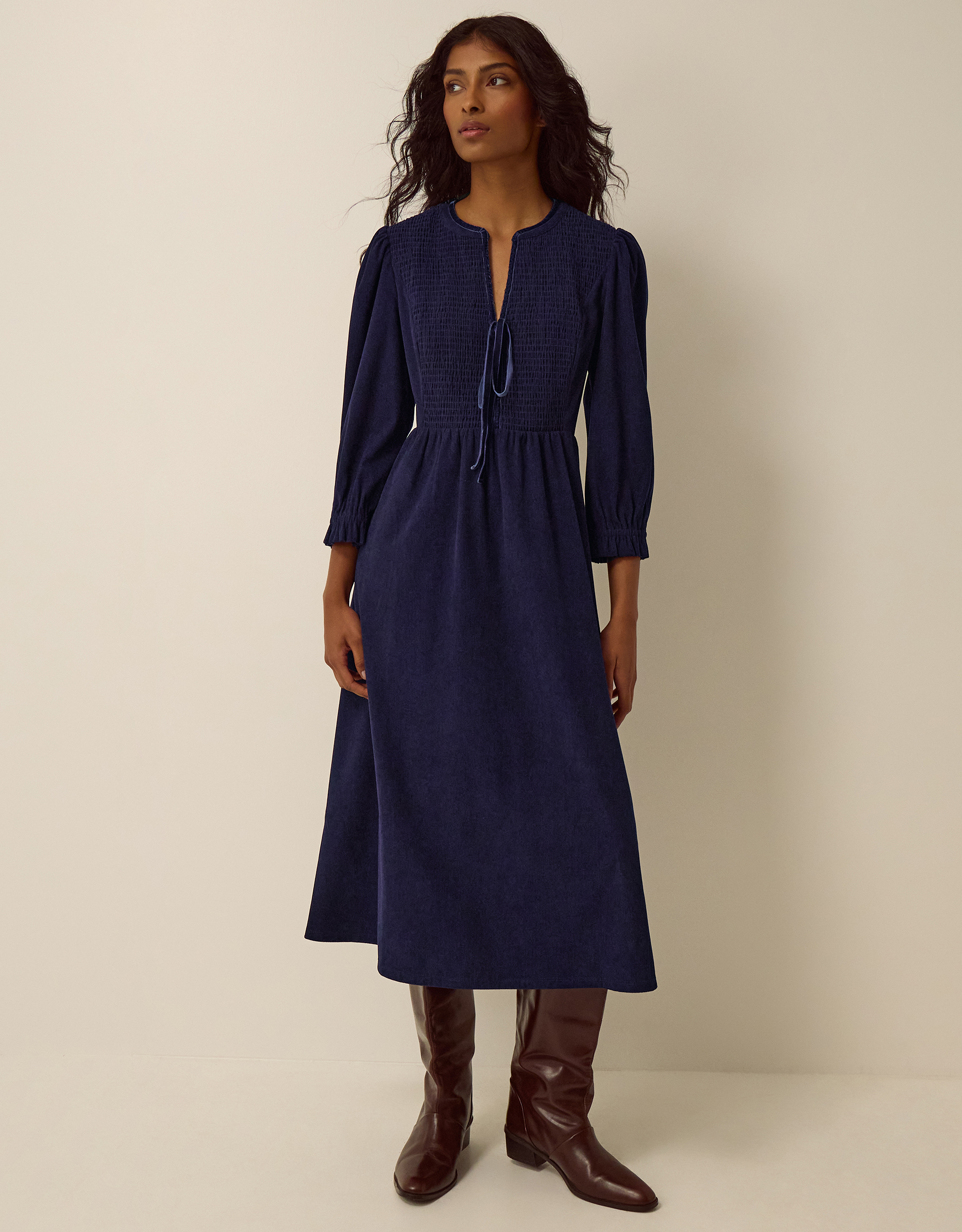 Monsoon Sara Smocked Corduroy Midi Dress, view 5