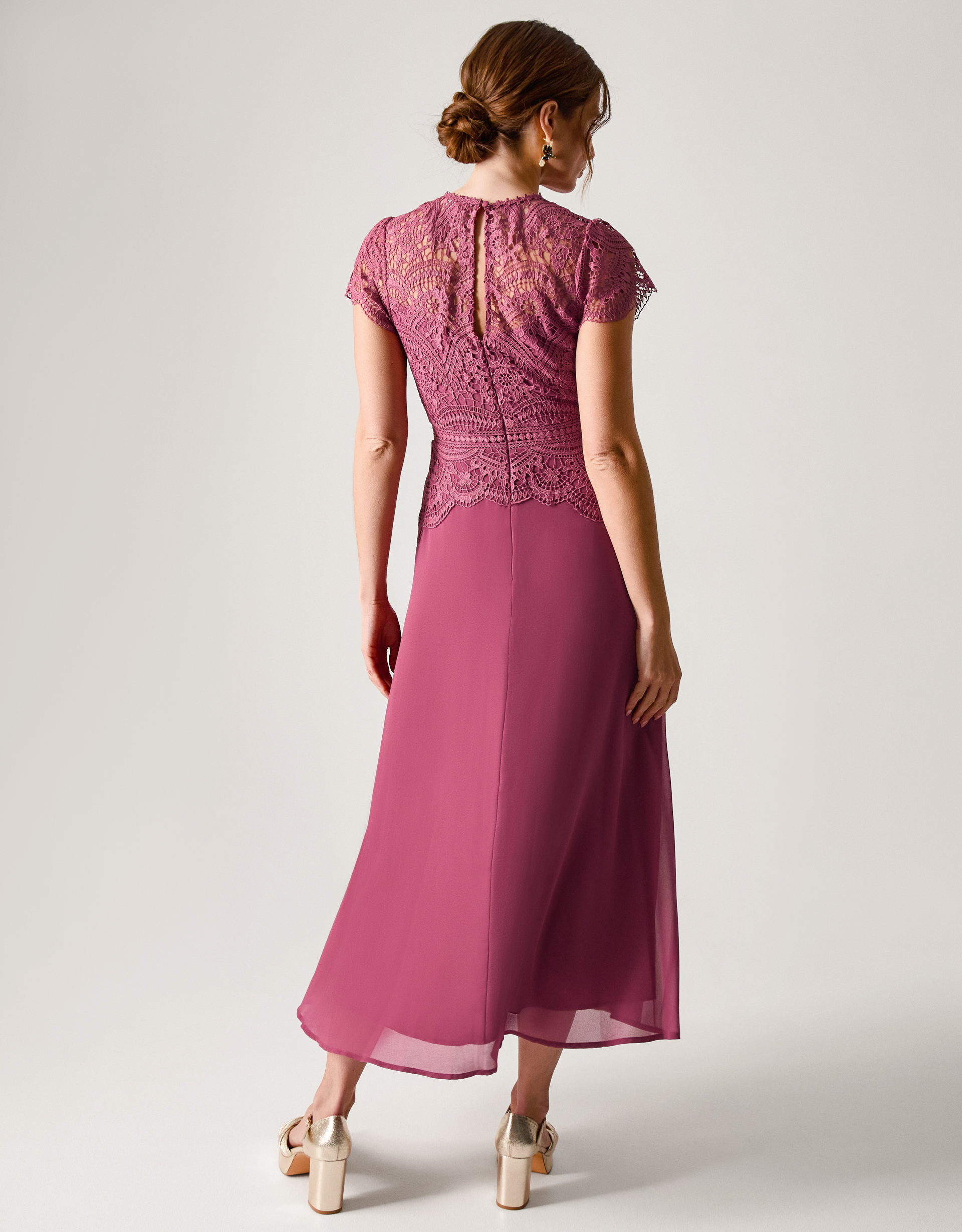 Monsoon Monica Lace Midi Bridesmaid Dress Pink, view 3