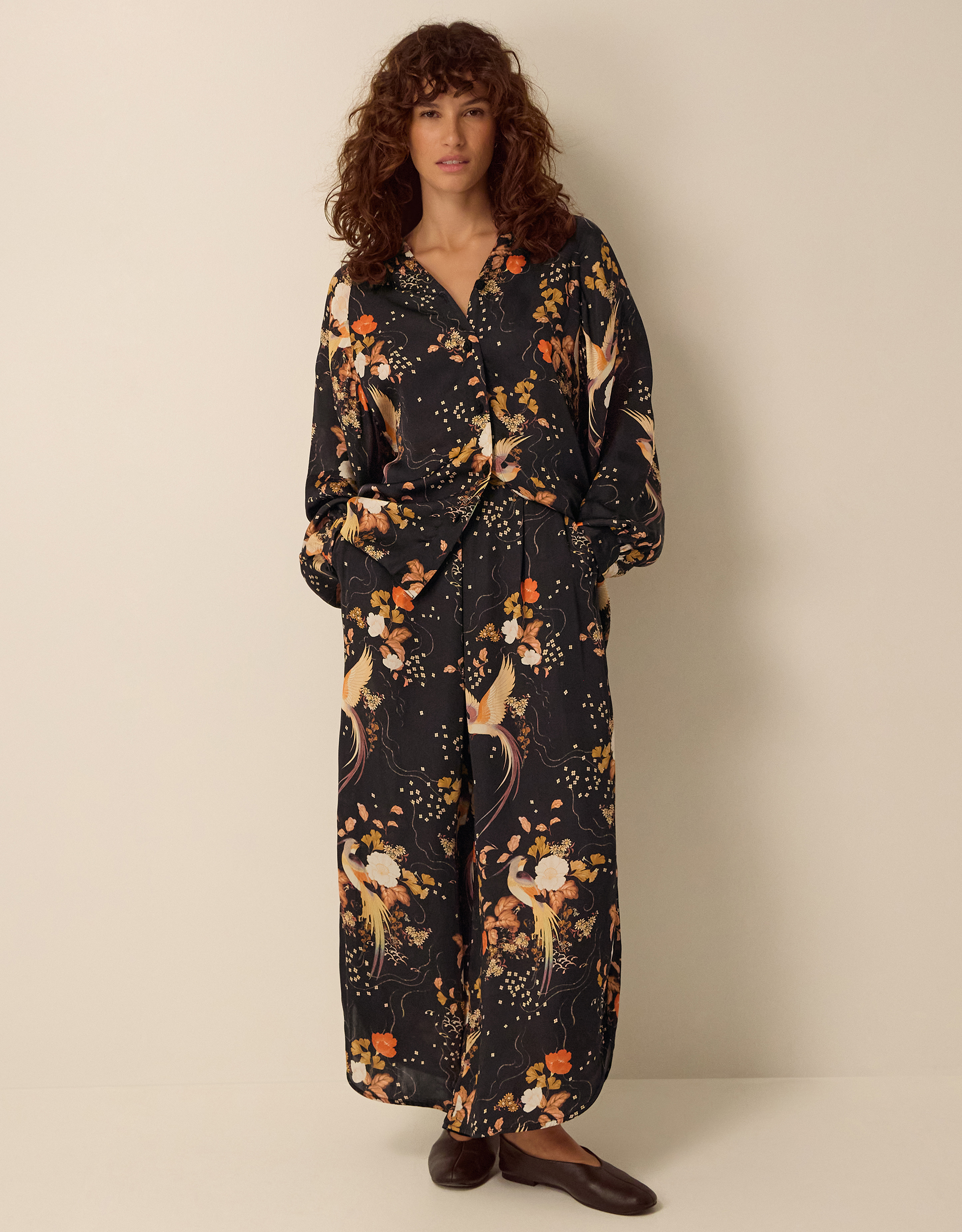 Clemence Seraphine Floral Print Satin Wide Leg Trousers Black