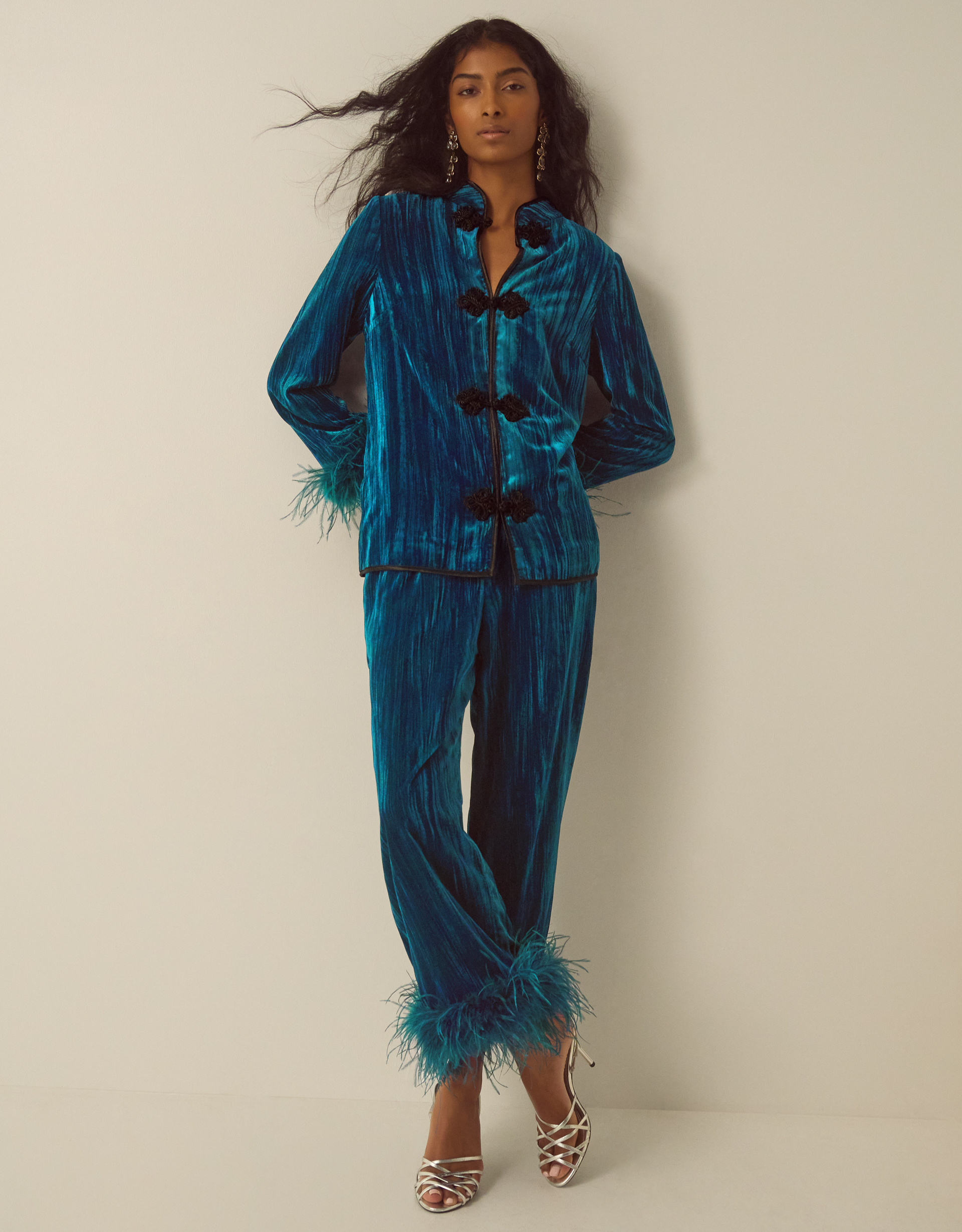 Monsoon Quinn Frogging Faux Feather Velvet Jacket, view 4