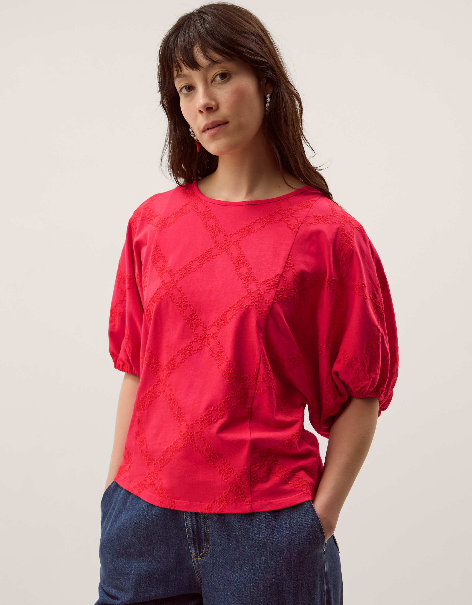 Monsoon Ellie Puff Sleeve Embroidered Jersey Top in Red