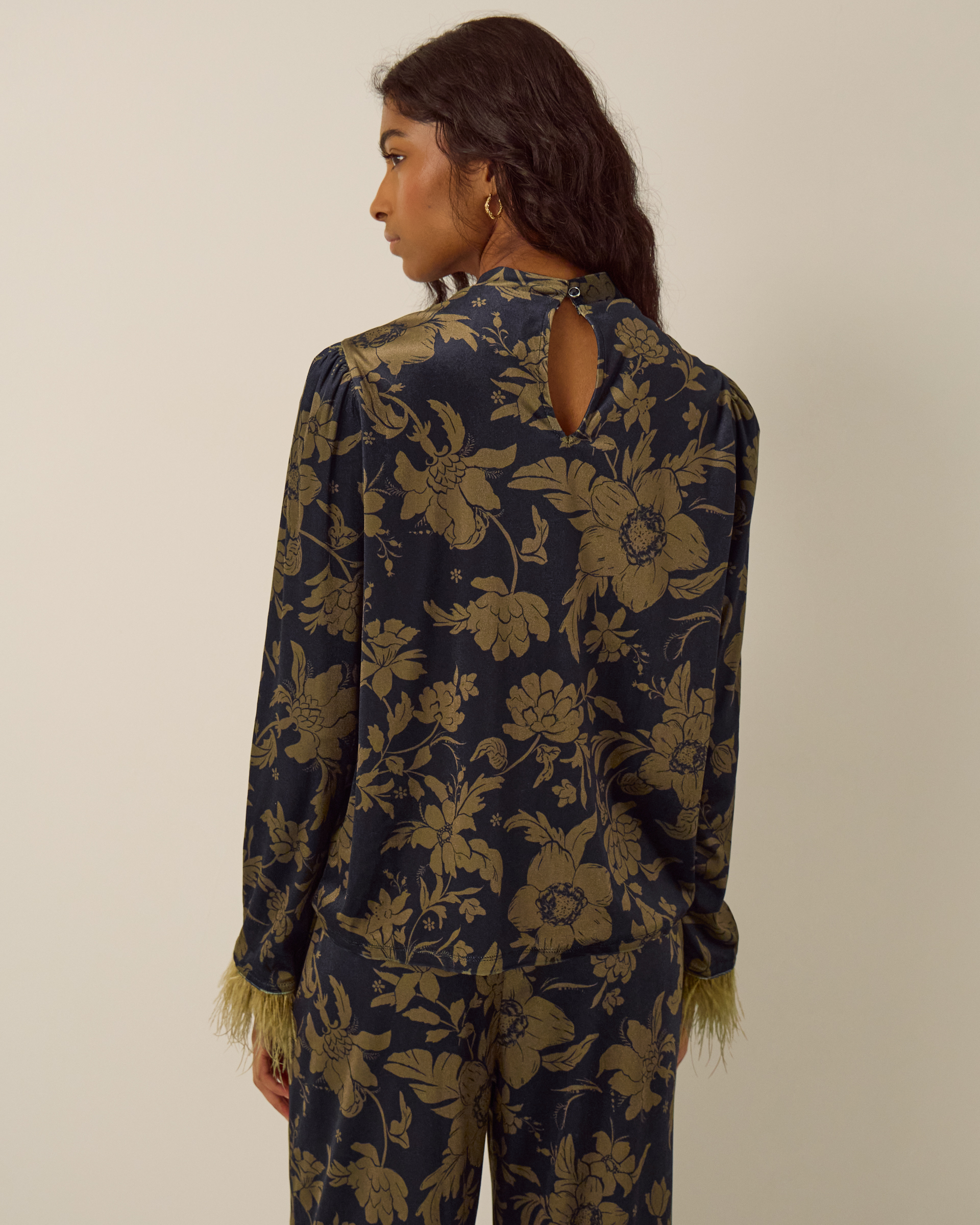 Monsoon Princella Faux Feather Sleeve Floral Velvet Top, view 3