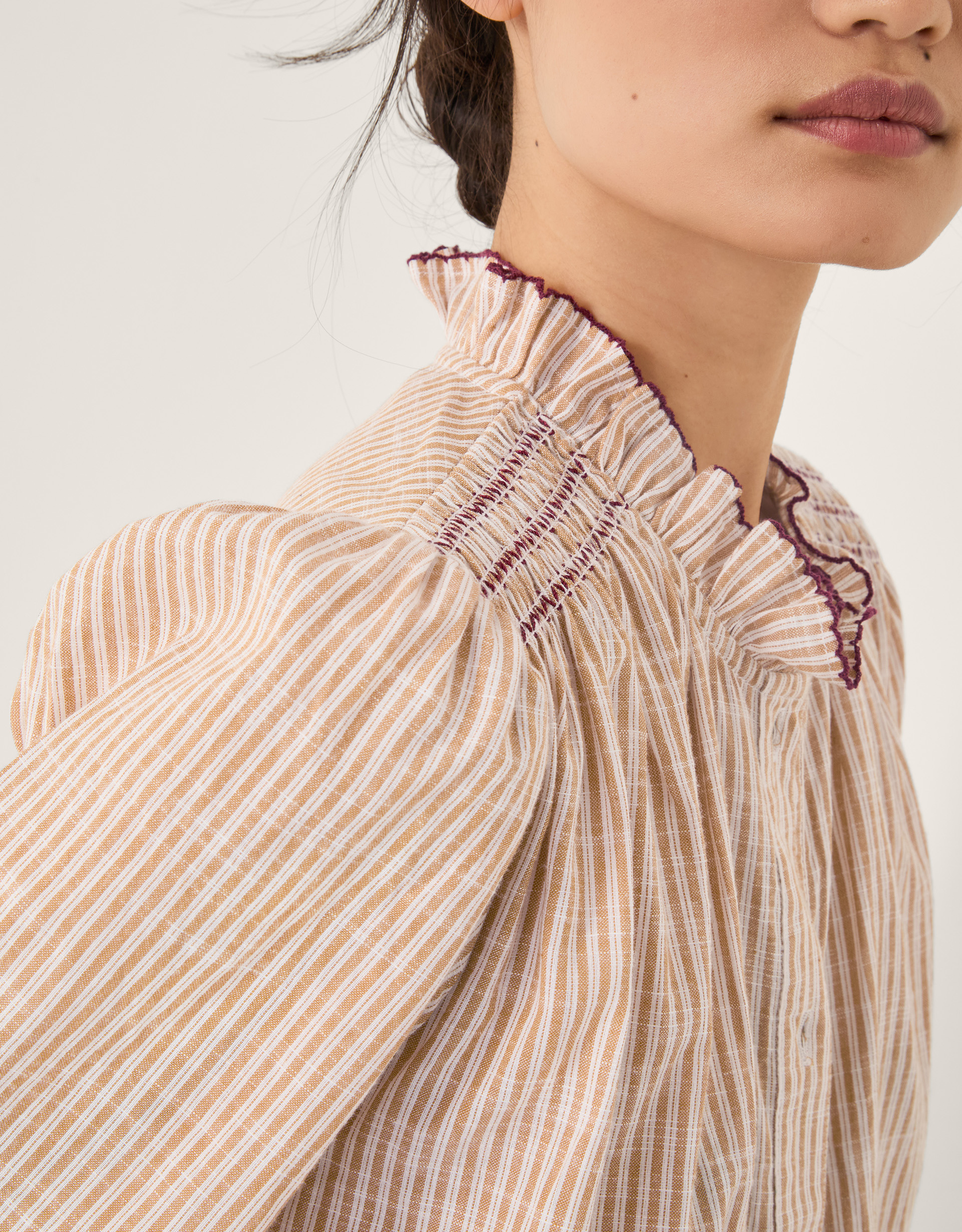 Monsoon Maeve Ruffle Stripe Shirt in Camel, view 2