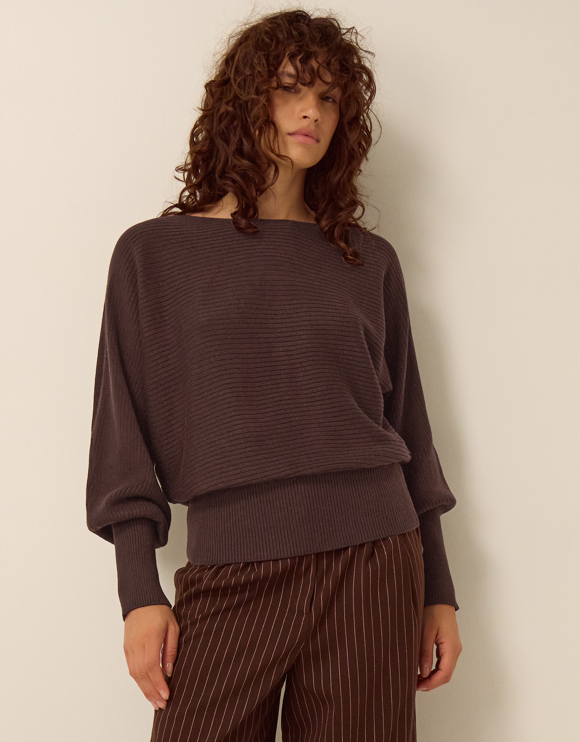 Monsoon Remi Ribbed Boat Neck Jumper in brown