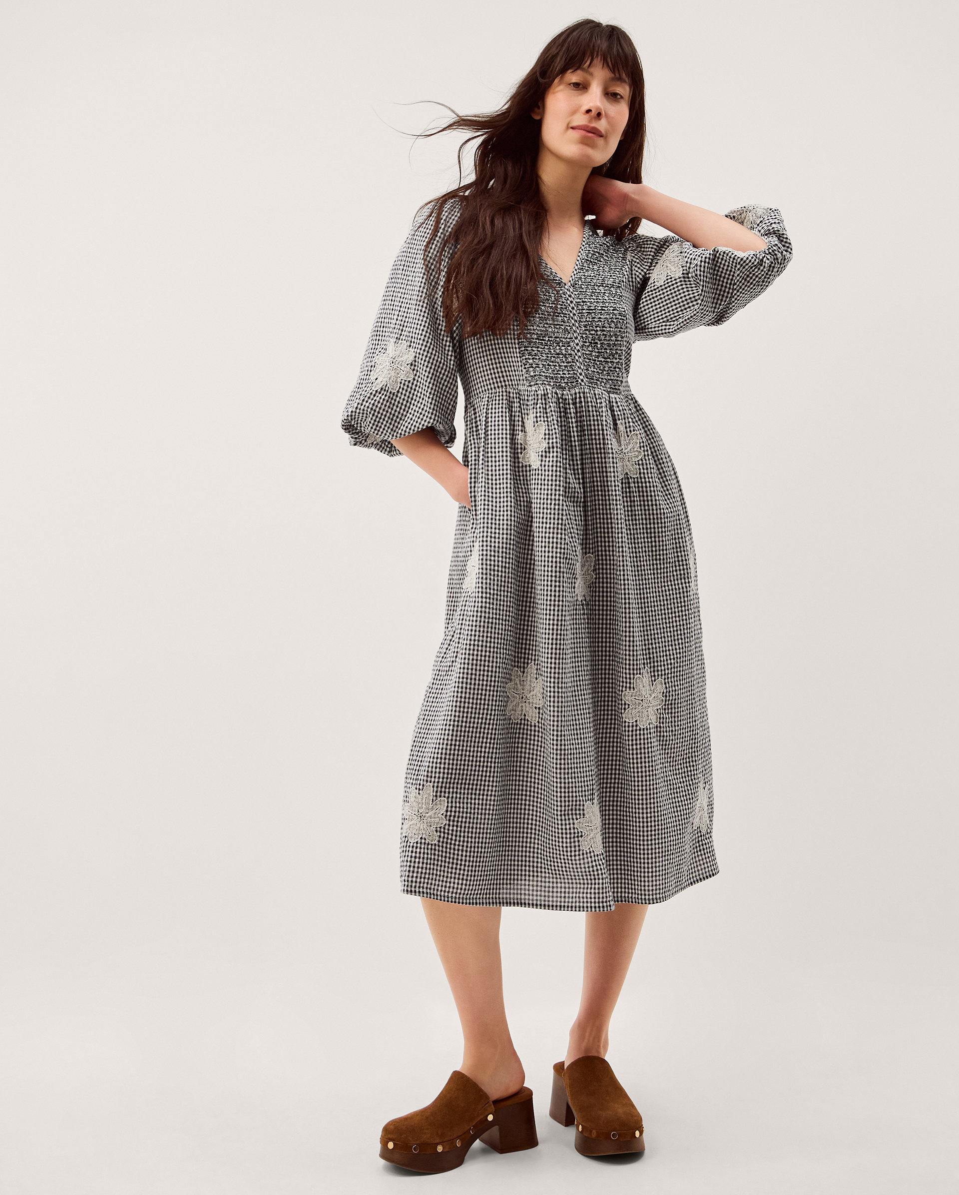 Monsoon Mimi Puff Sleeve Gingham Midi Dress