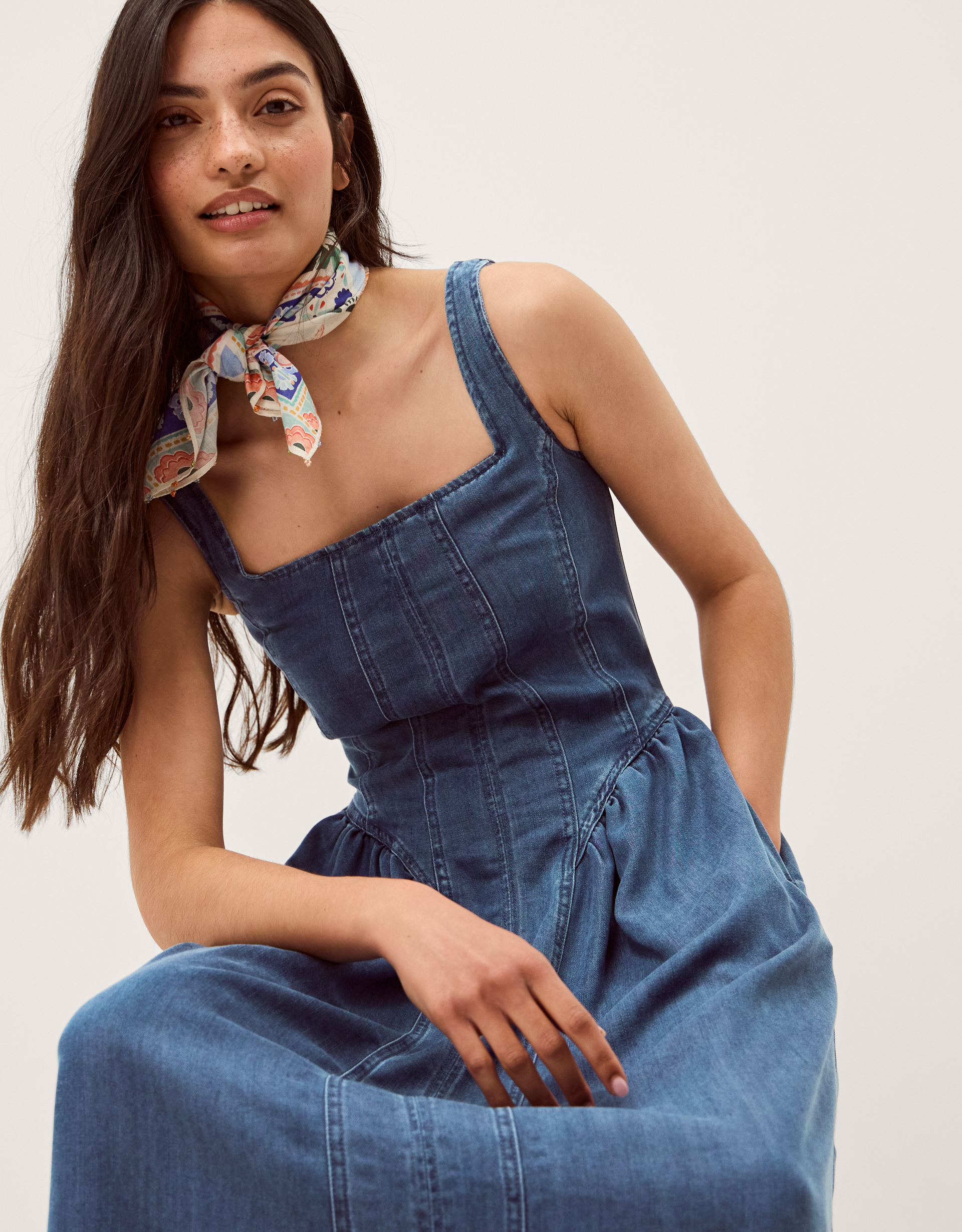 Monsoon Delia Square Neck Denim Midi Dress