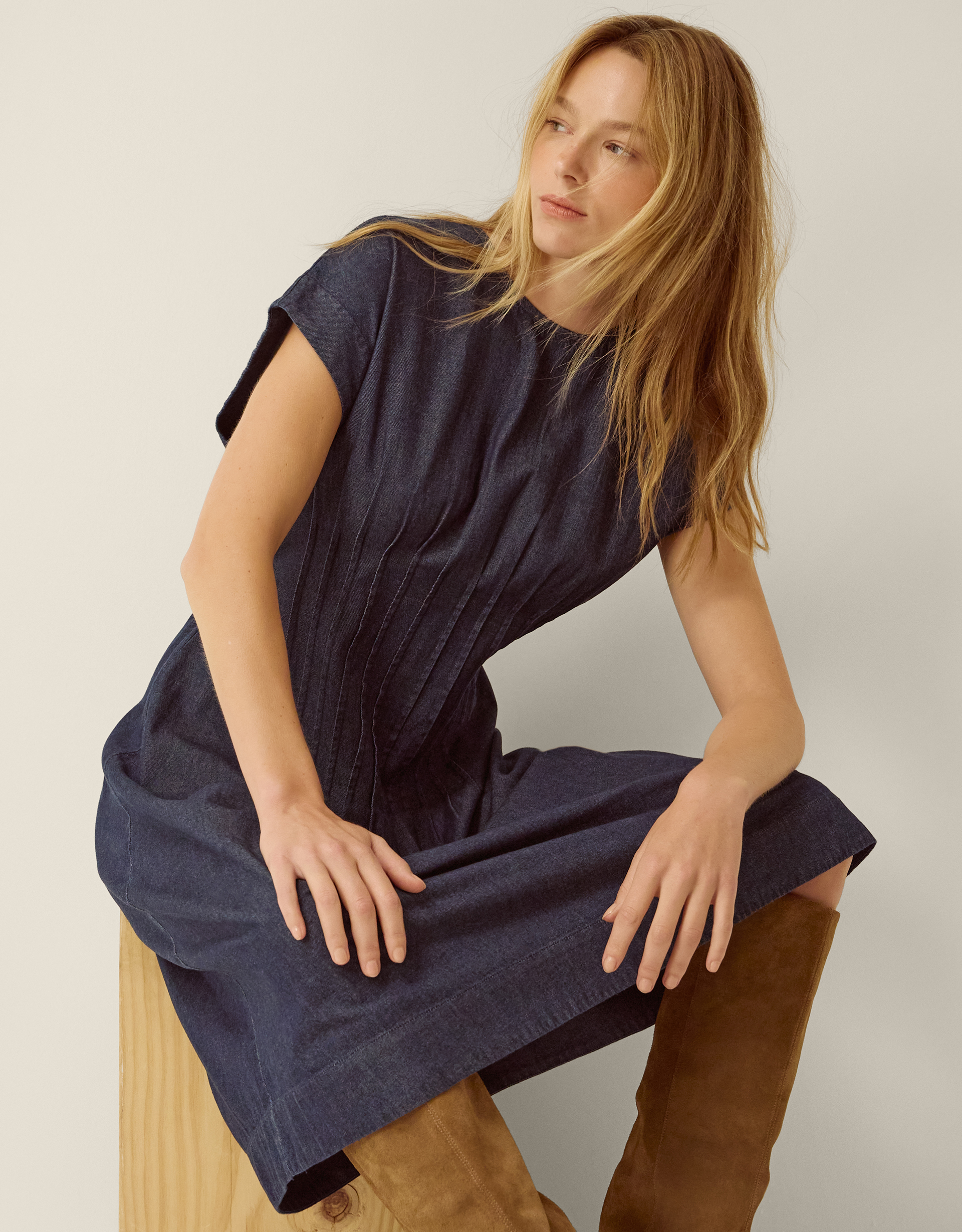 Monsoon Jasmin Pleated Denim Midi Dress, view 5