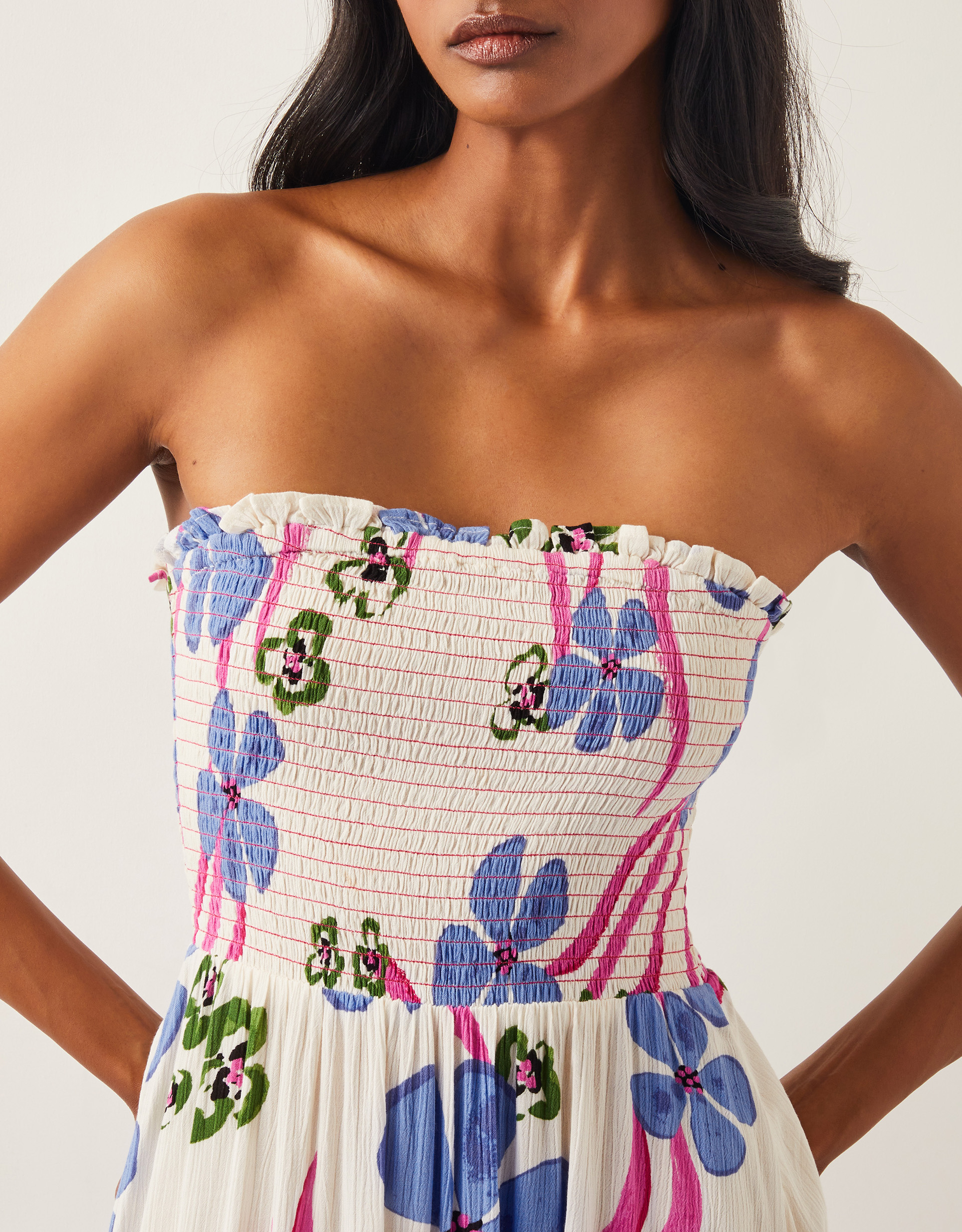 Monsoon Fiona Floral Bandeau Midi Dress Ivory, view 4