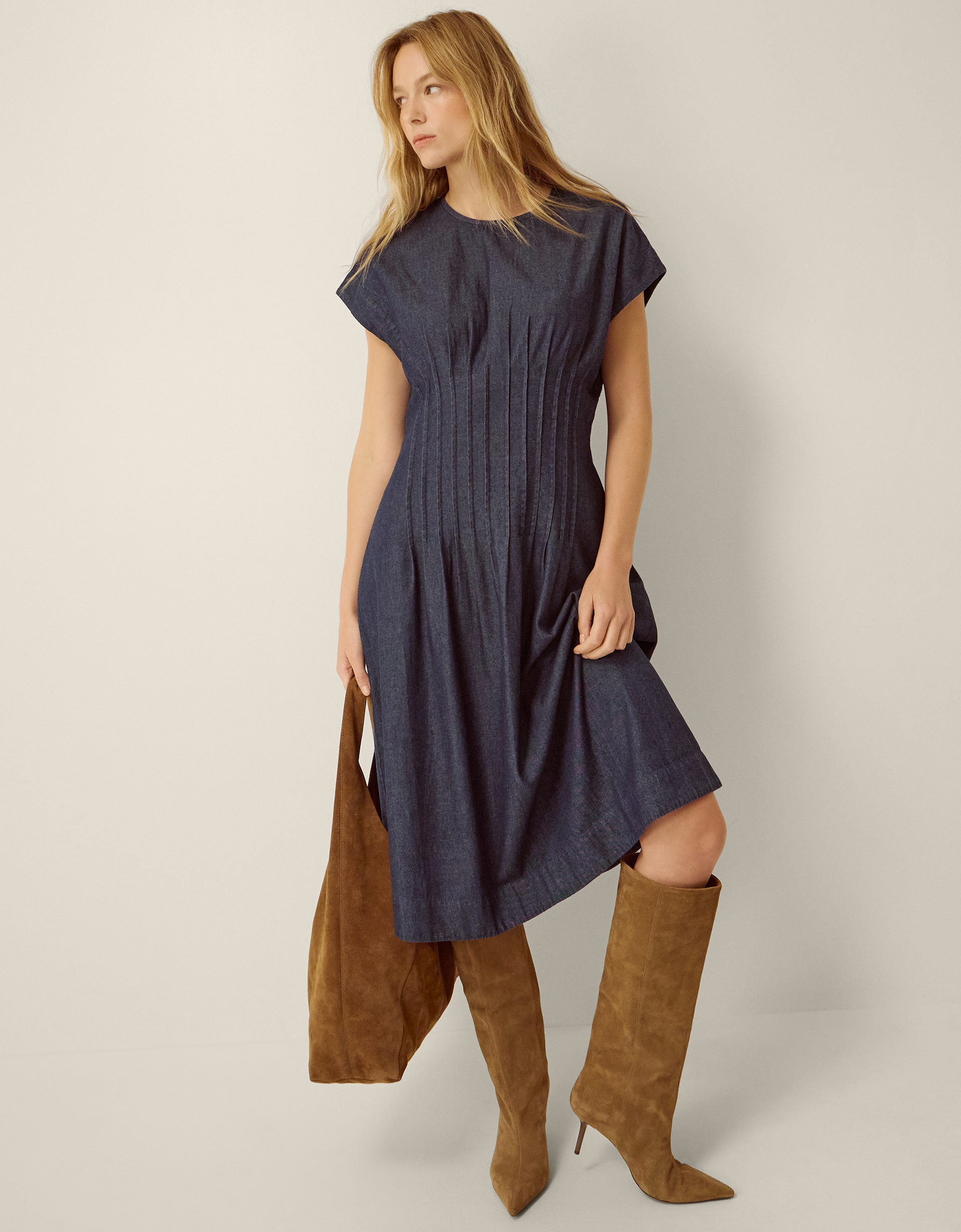 Monsoon Jasmin Pleated Denim Midi Dress