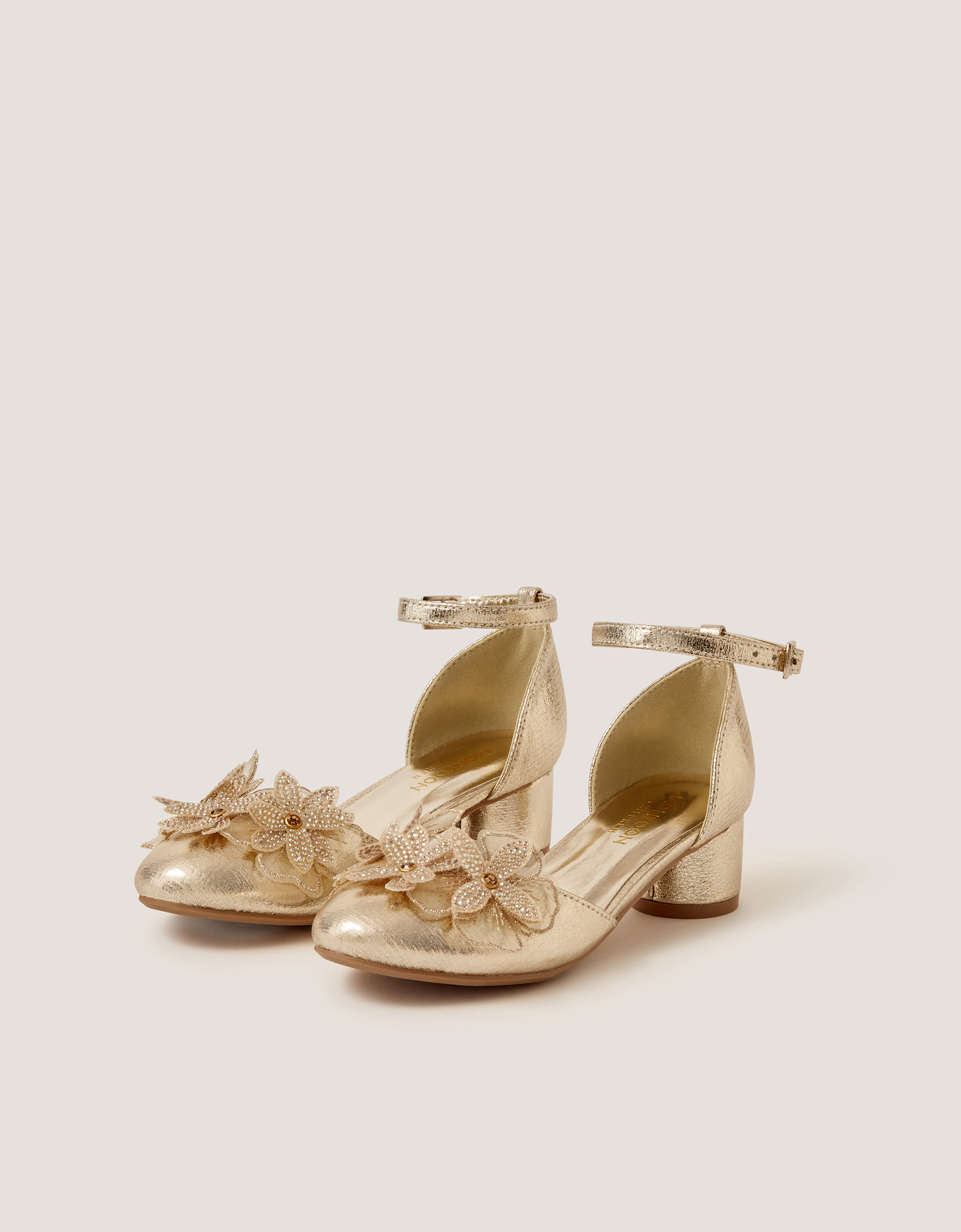 Monsoon Closed-Toe Diamanté Flower Heels in Gold