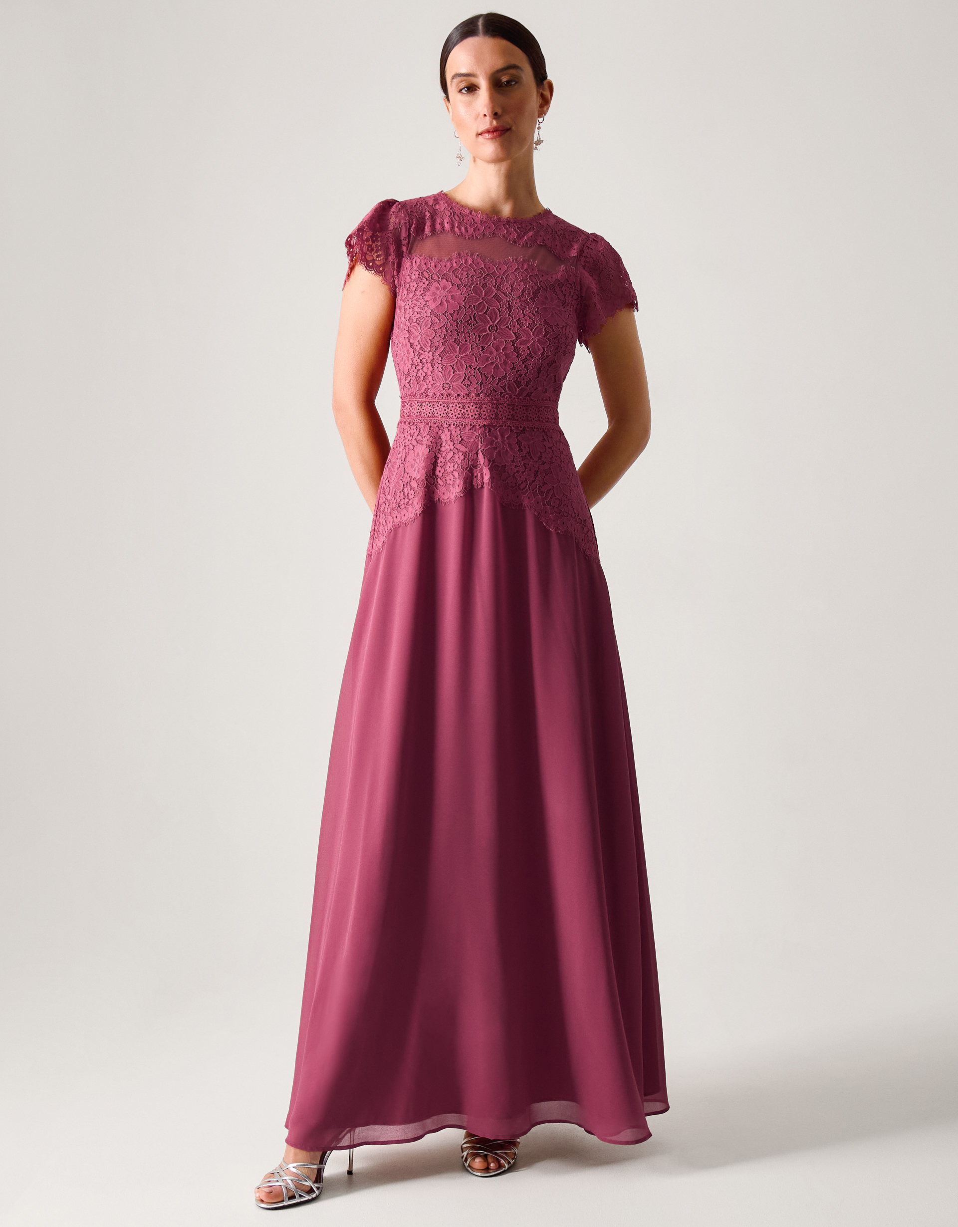 Monsoon Monike Short Sleeve Lace Bridesmaid Dress in dark pink