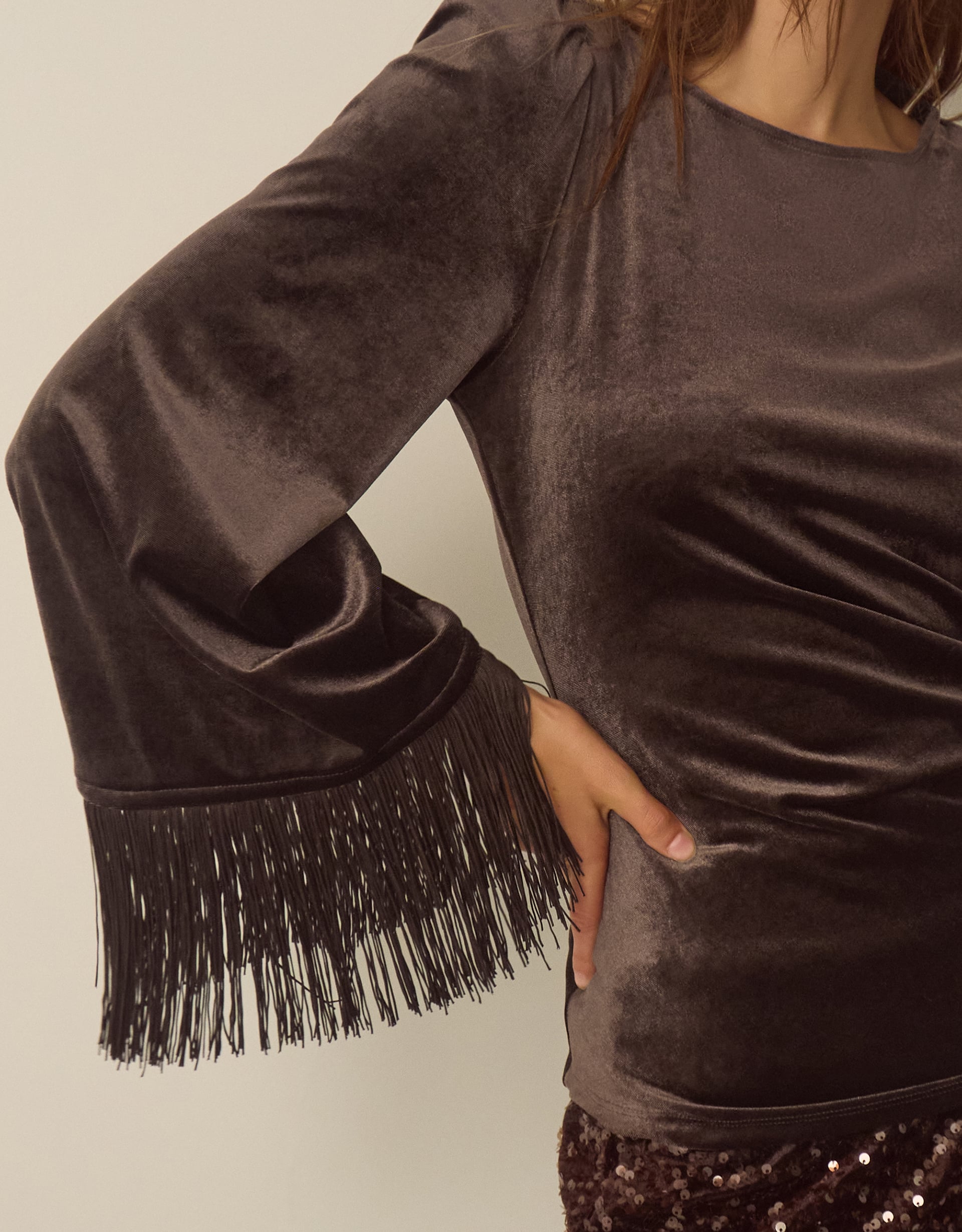 Monsoon Tamara Tie Side Fringe Velvet Top, view 2
