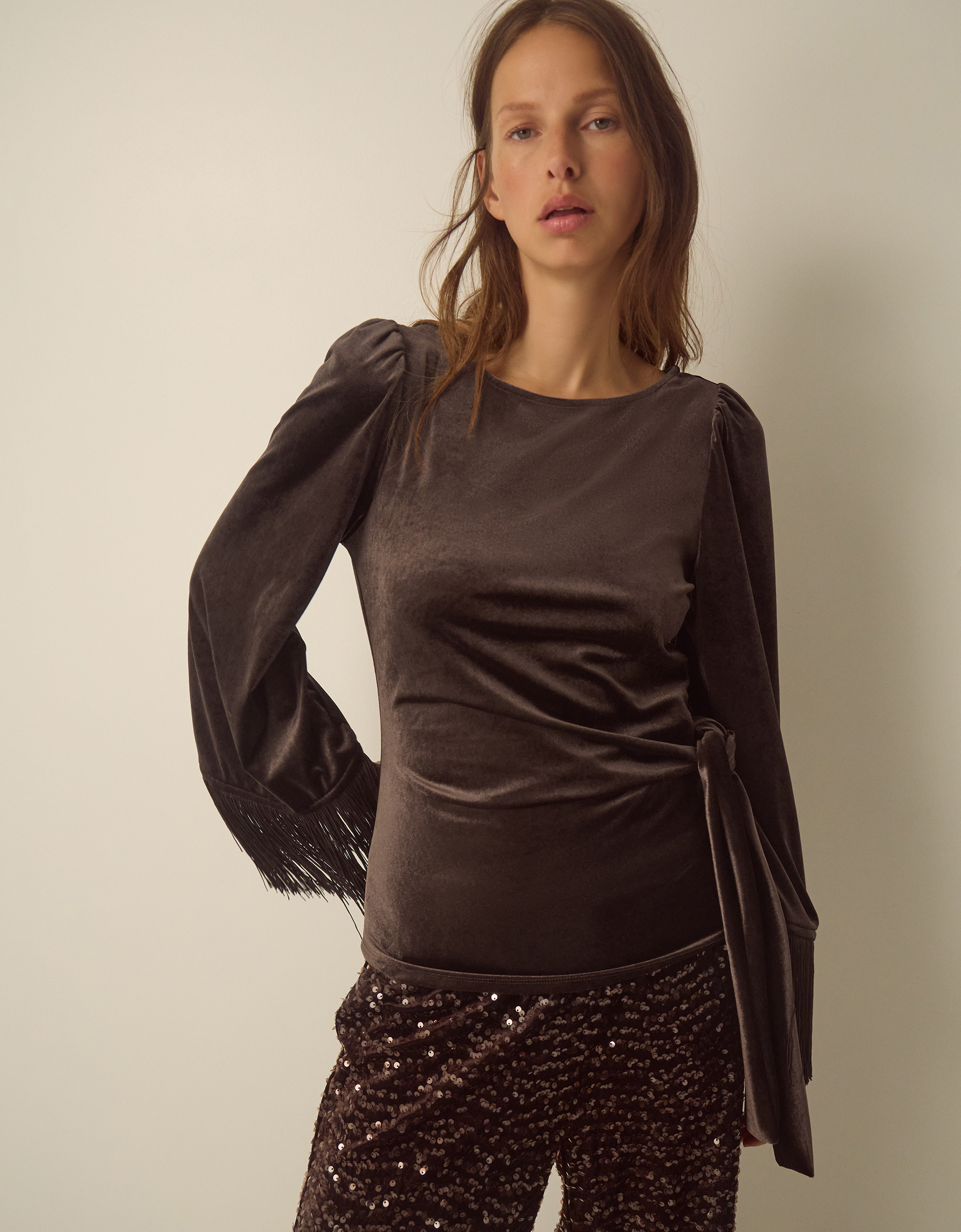 Monsoon Tamara Tie Side Fringe Velvet Top