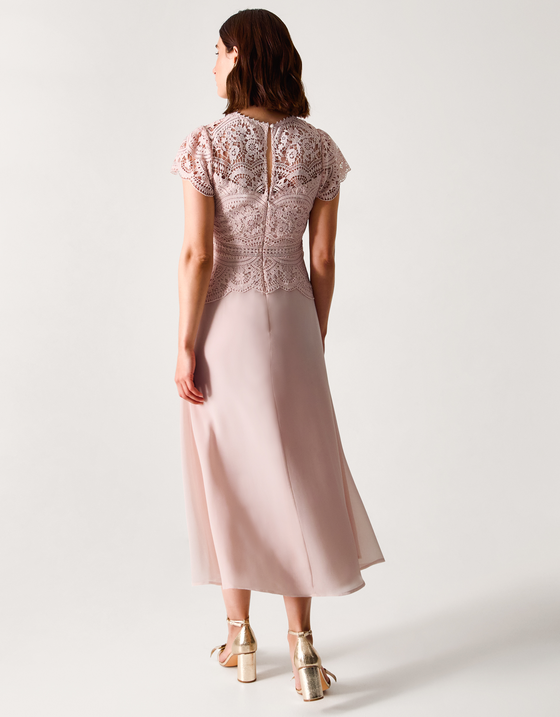 Monsoon Pink Floral Lace Monica Midi Bridesmaid Dress, view 3