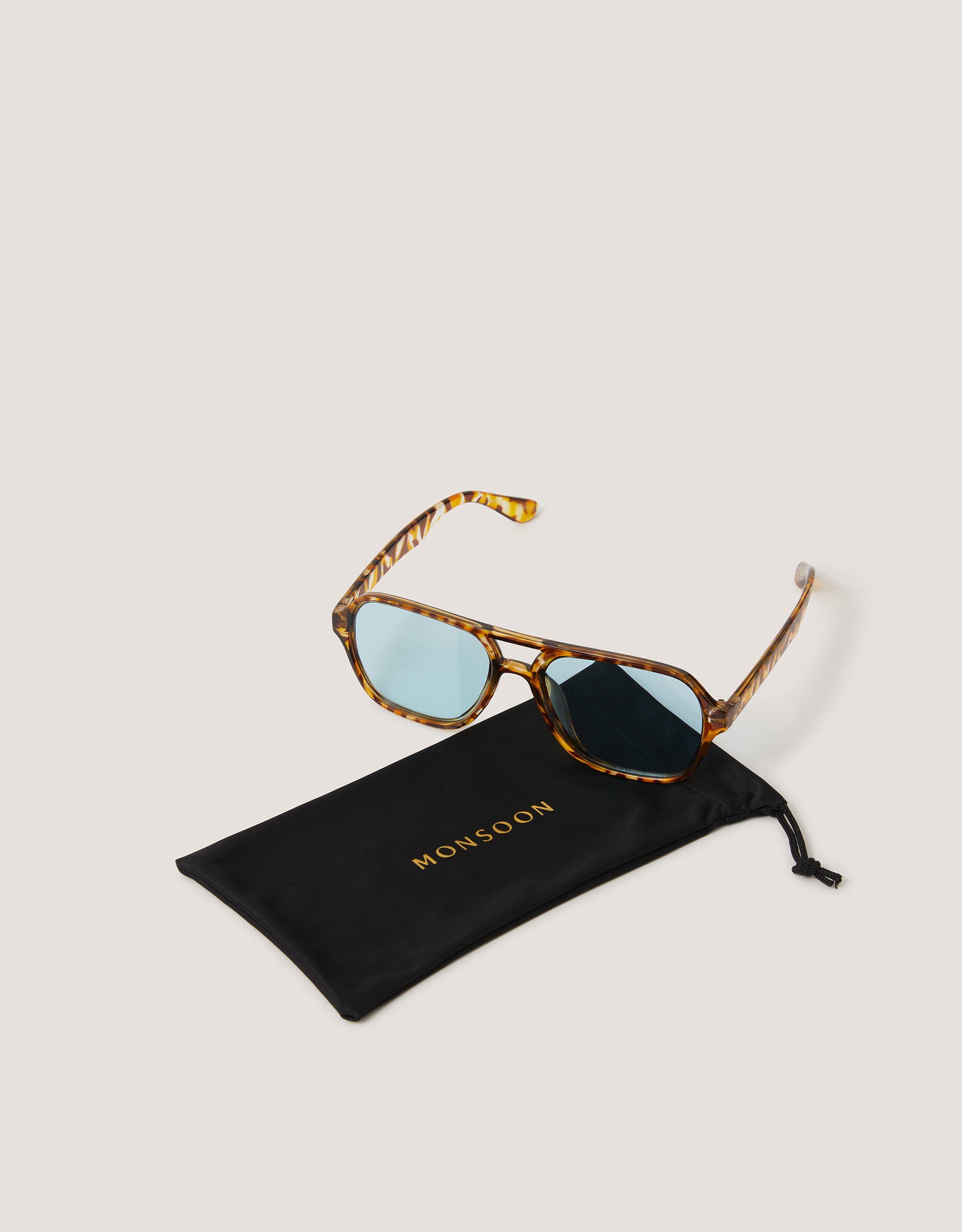 Monsoon Blue-Tinted Tort Aviator Sunglasses, view 3