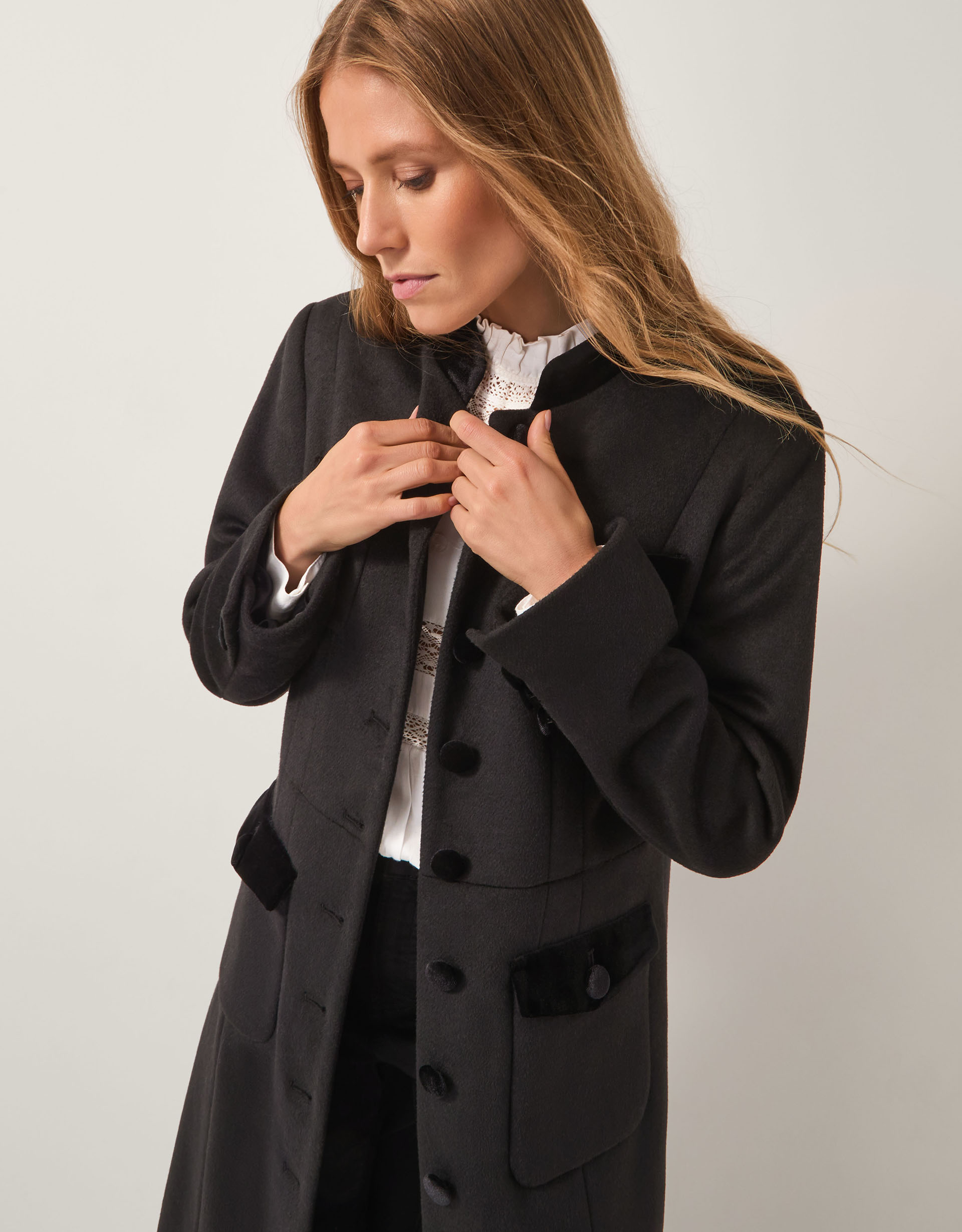 Monsoon Viv Velvet Trim Military Coat in Black, view 4