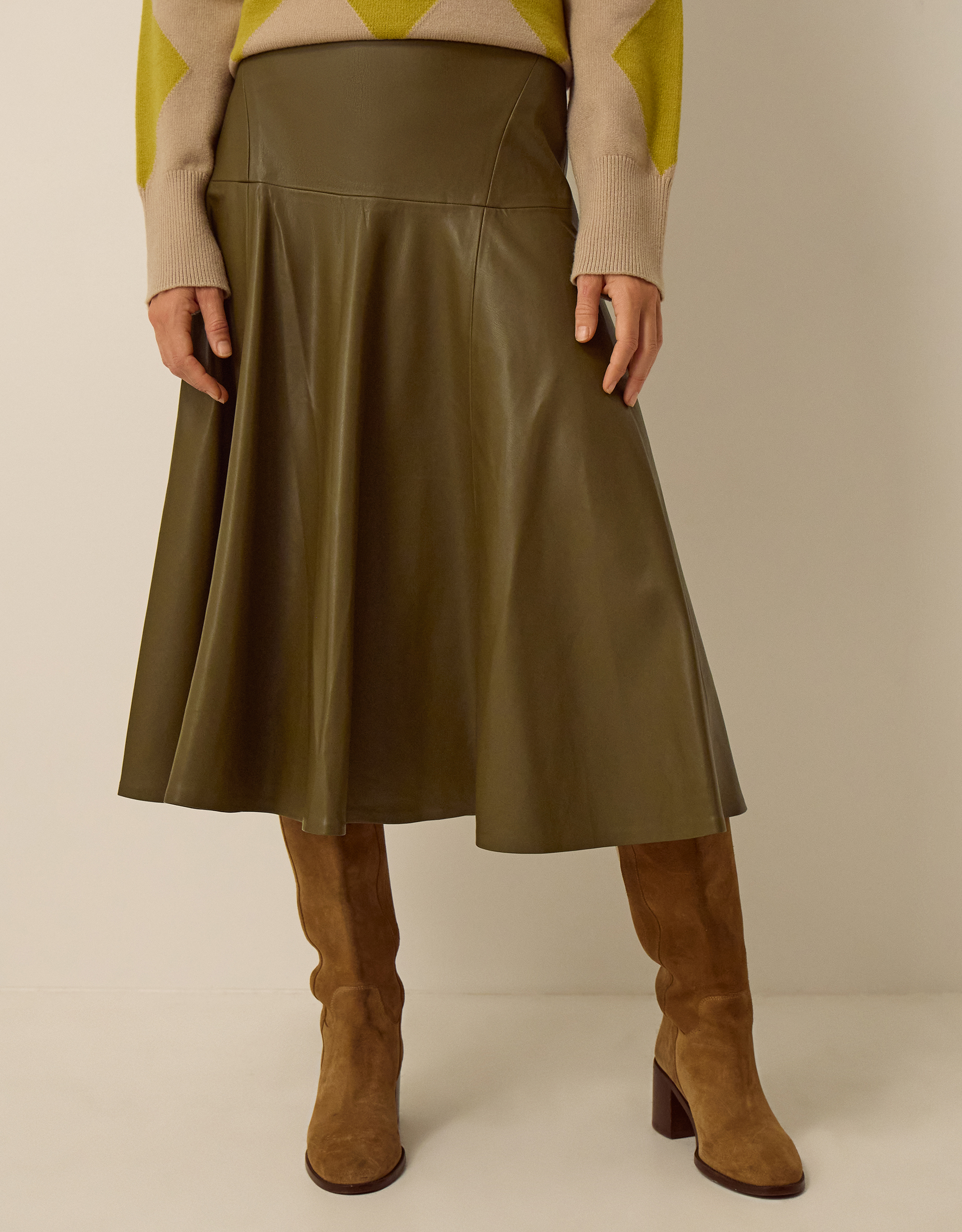Monsoon Dianne Faux Leather Midi Skirt in Green, view 4
