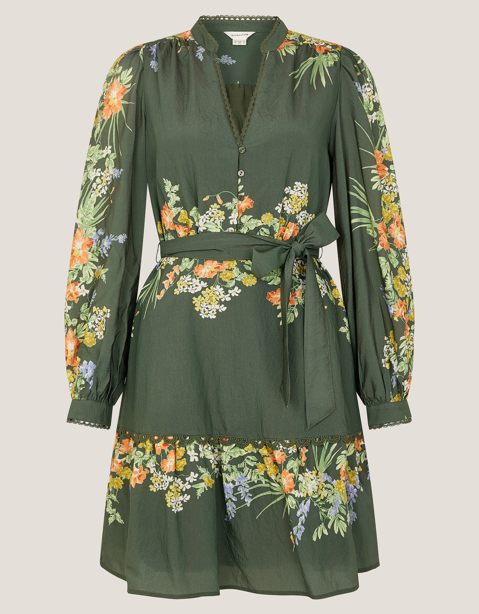 Monsoon Green & Yellow Viscose Floral Print Jesse Long Sleeve Mini Dress, view 5