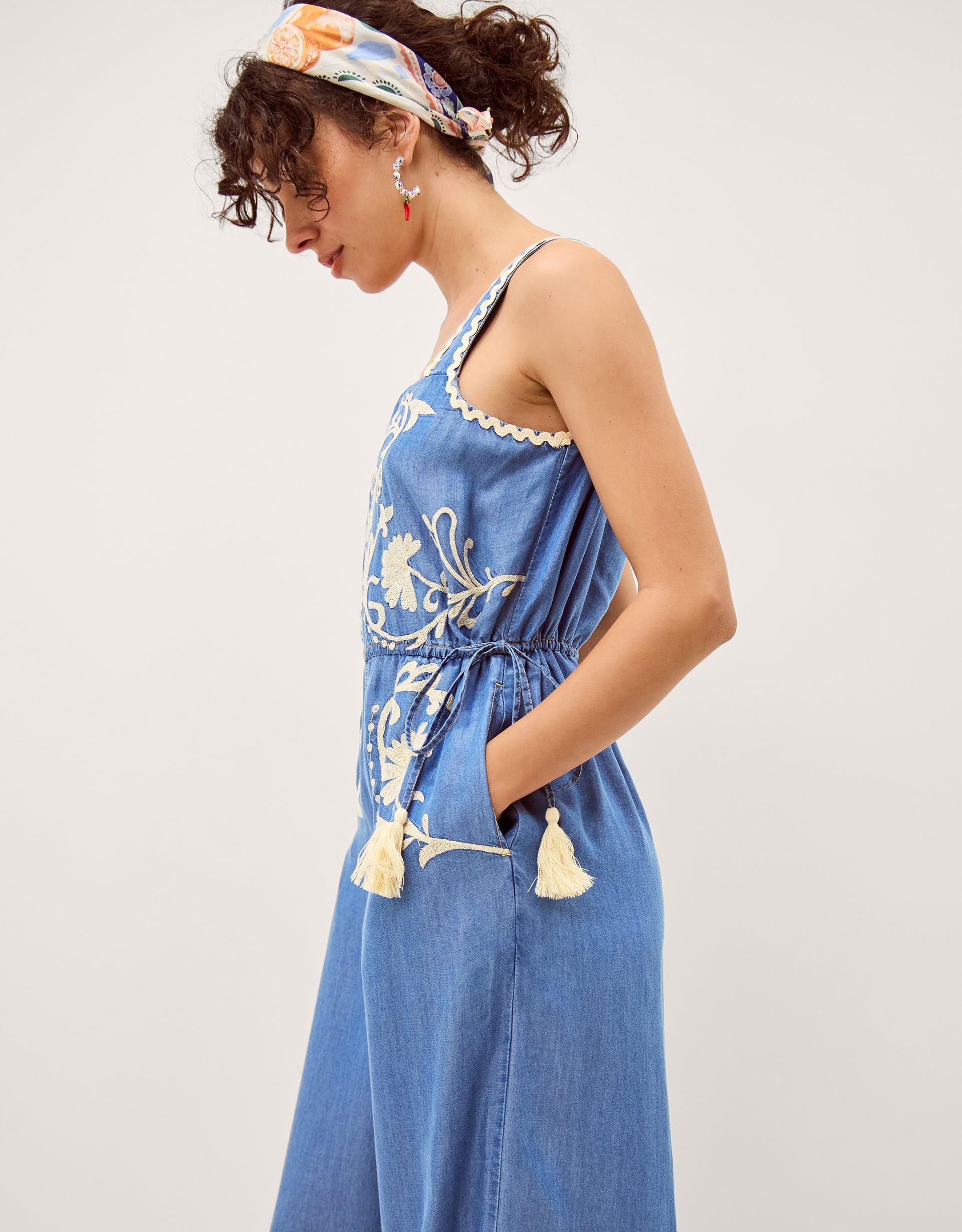 Monsoon Stella Embroidered Denim Culotte Jumpsuit, view 5