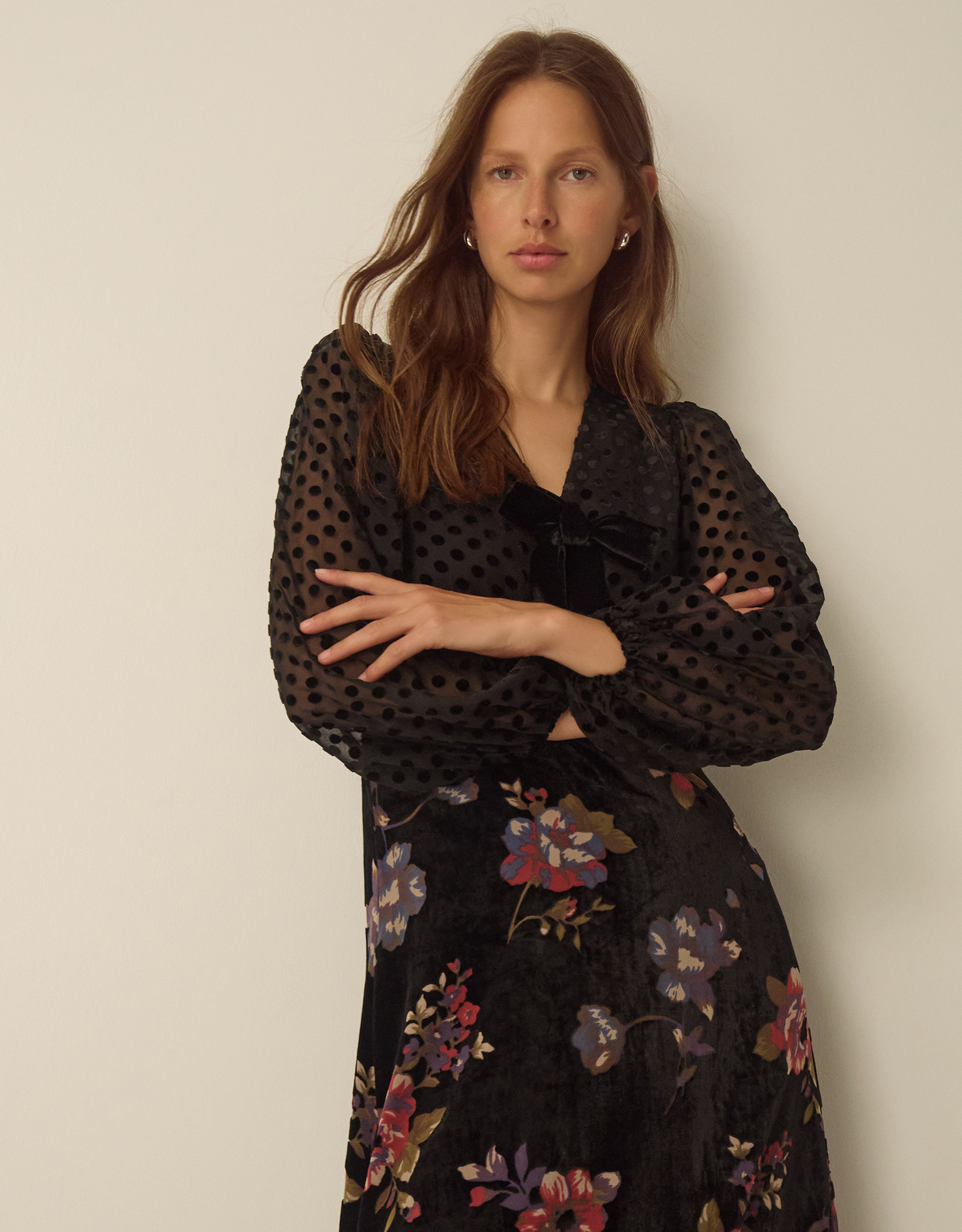 Monsoon Abril V-Neck Floral Devoré Velvet Midi Dress, view 4