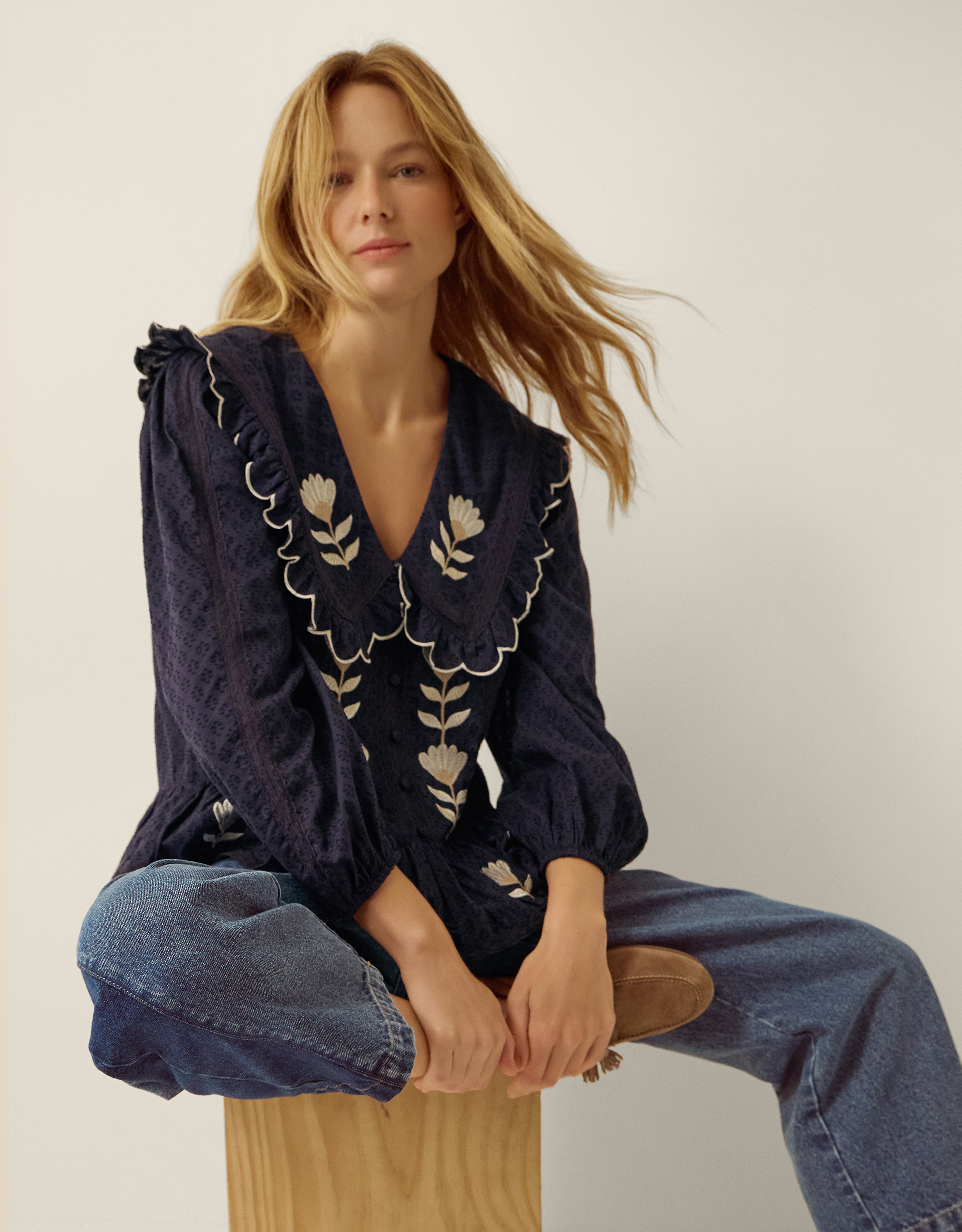 Monsoon Talia Tulip Embroidered Scallop Collar Top Blue, view 4