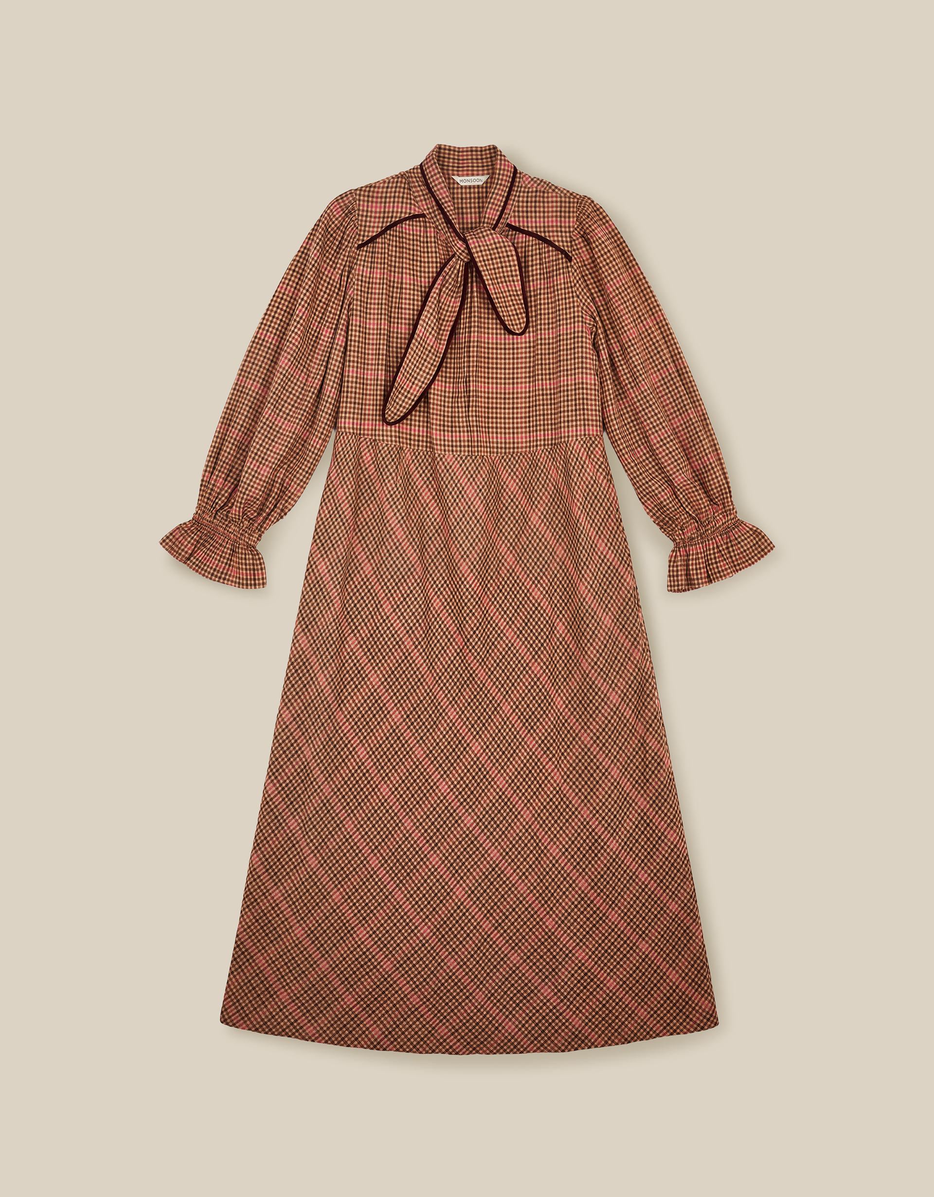 Monsoon Shelly Neck Tie Check Midi Dress, view 6