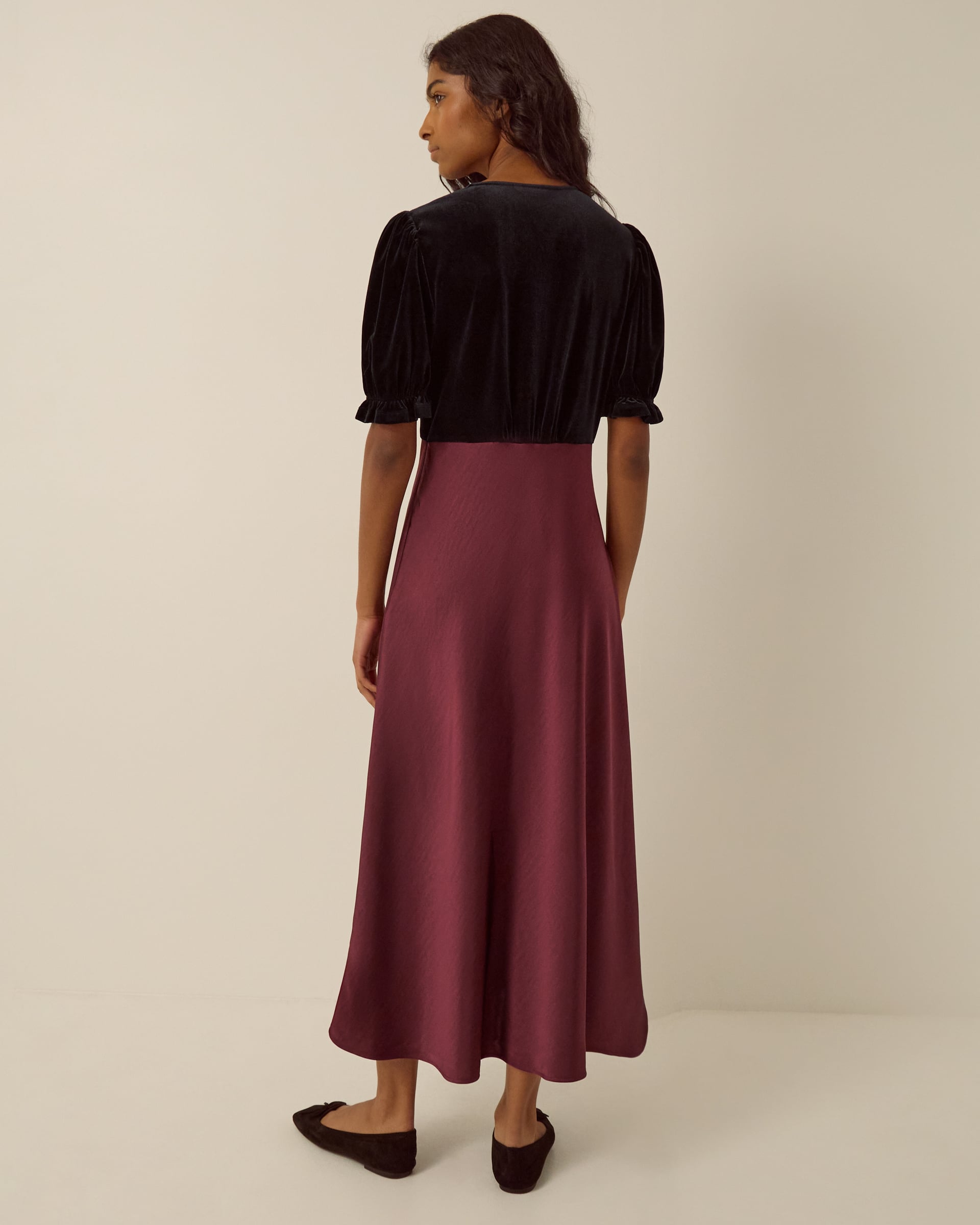 Monsoon Fiona Puff Sleeve Velvet Satin Midi Dress, view 3