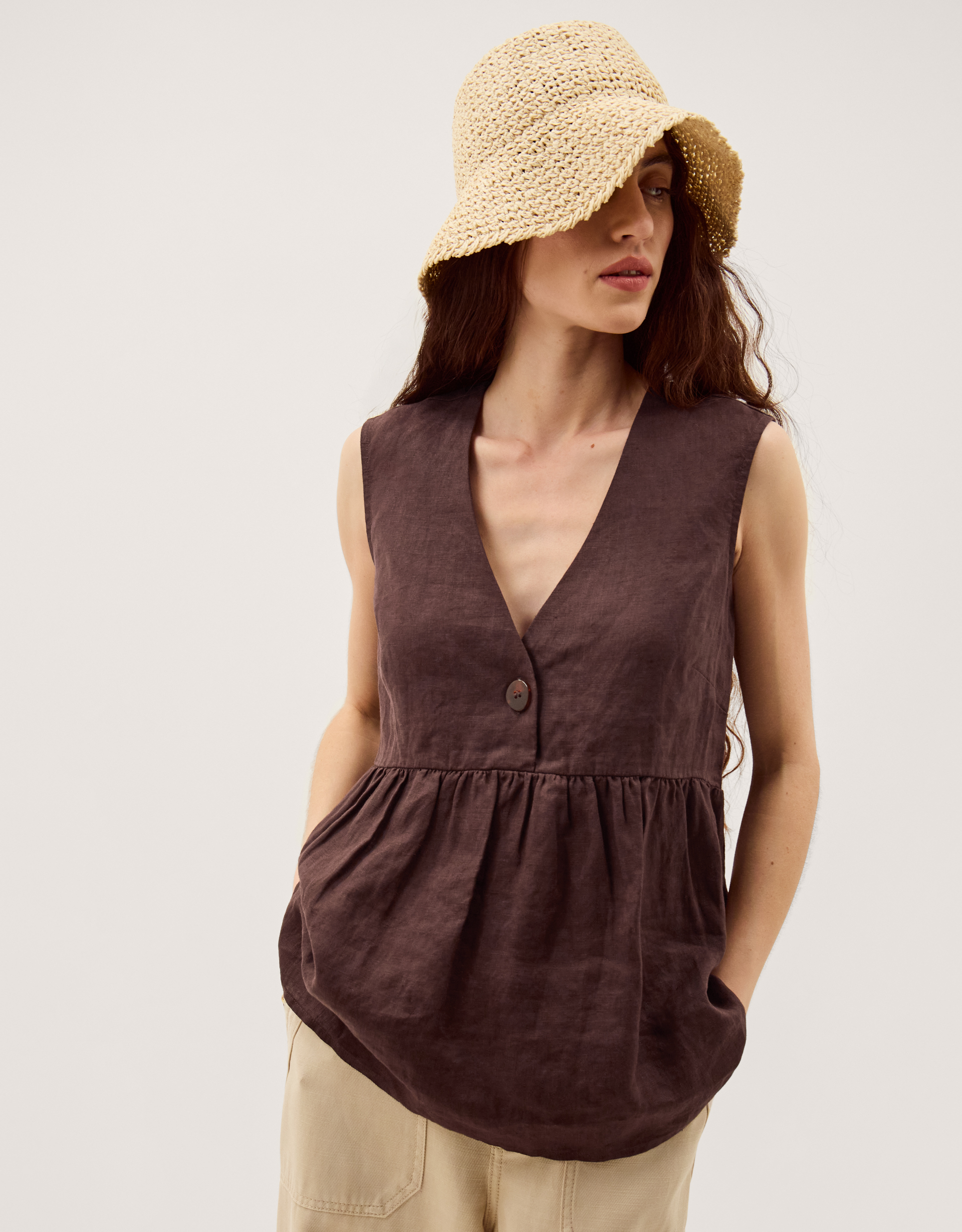 Monsoon Posey Sleeveless Linen Top in Brown