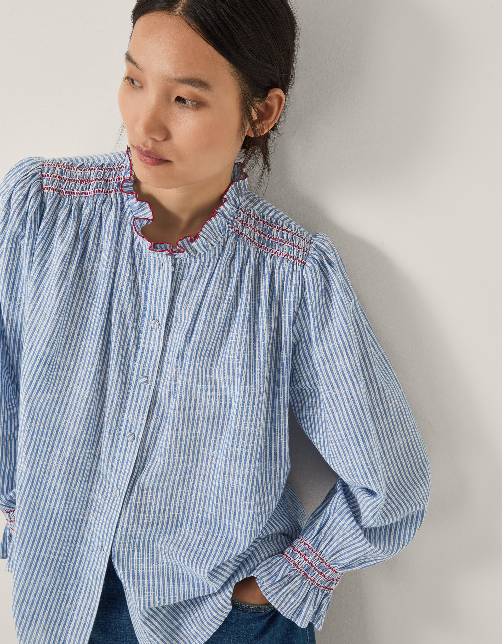 Monsoon Maeve Ruffle Stripe Shirt in Blue